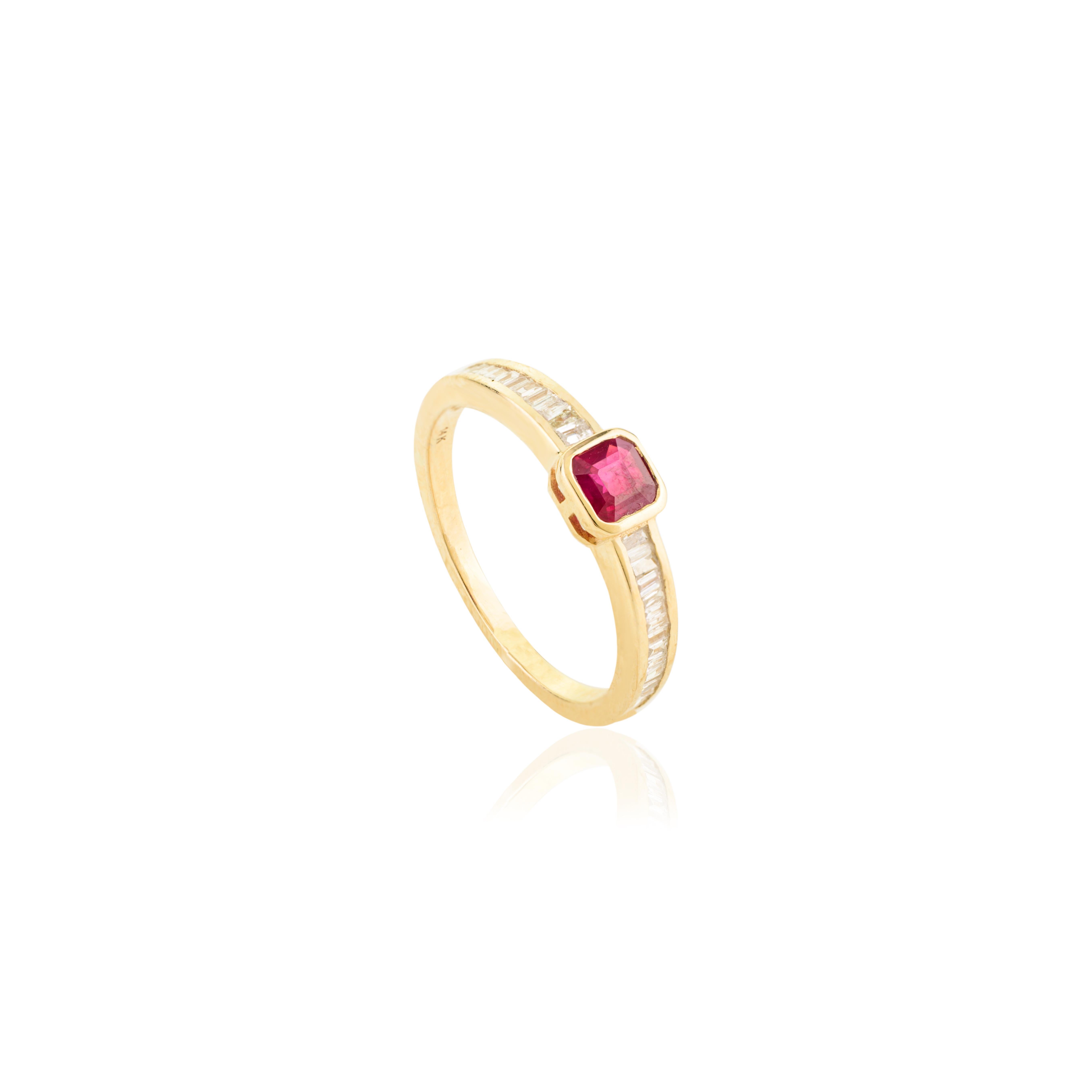 Im Angebot: Modernist Cushion Cut Ruby Diamond Baguette Band Ring in 14k massivem Gelbgold () 8