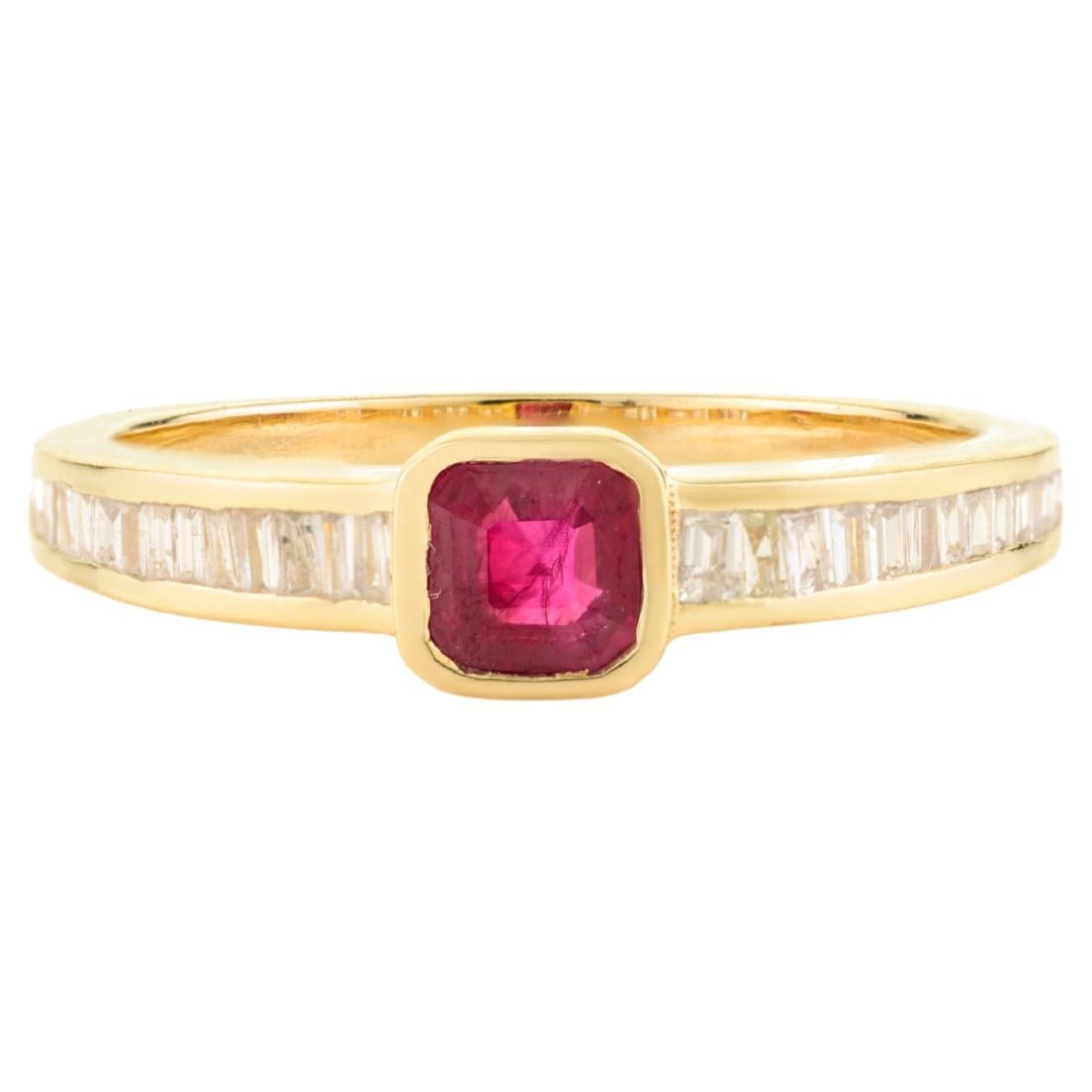 Modernist Cushion Cut Ruby Diamond Baguette Band Ring in 14k Solid Yellow Gold