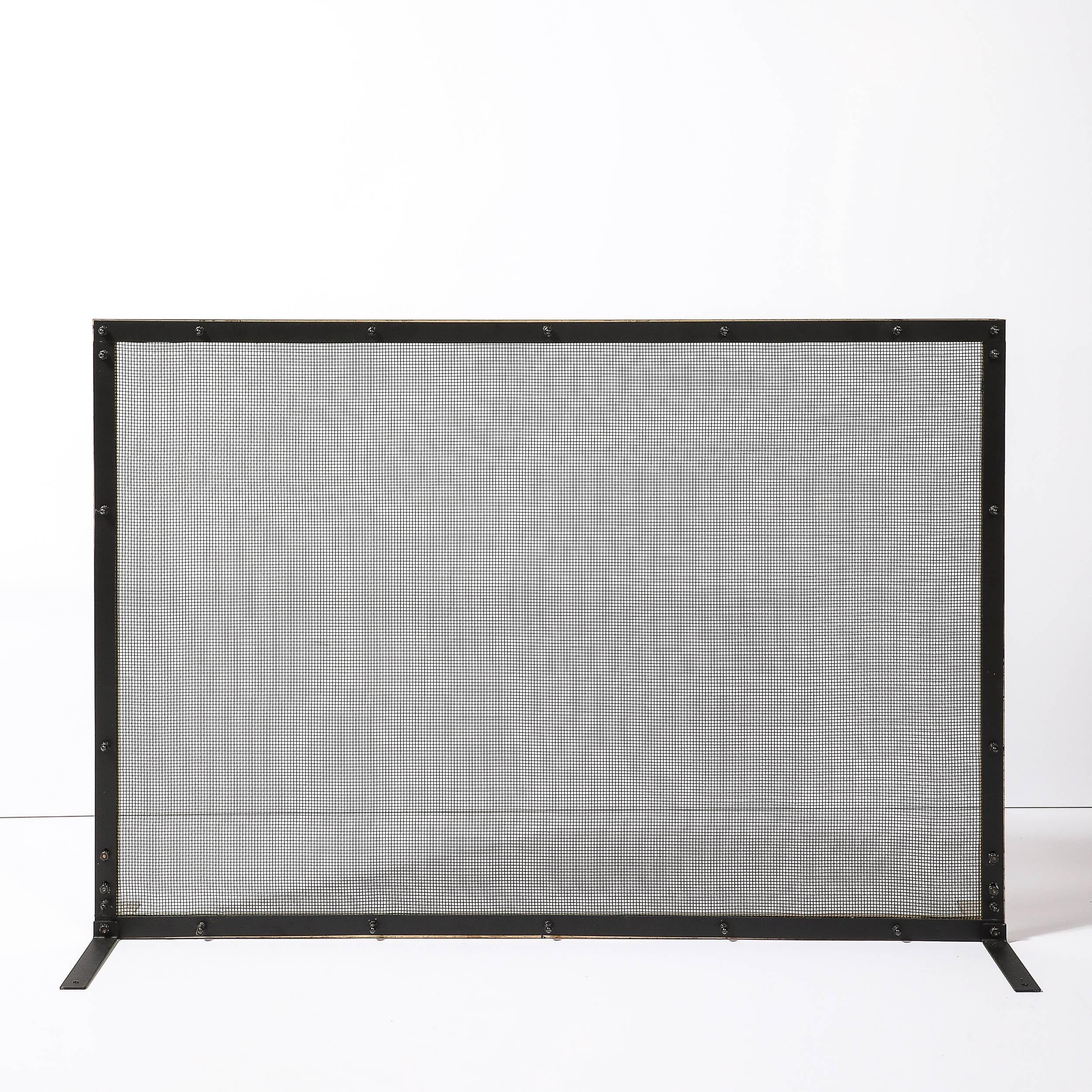 Modernist Custom Fire Screen in Brushed Brass w/ Iron Mesh Grill For Sale 6