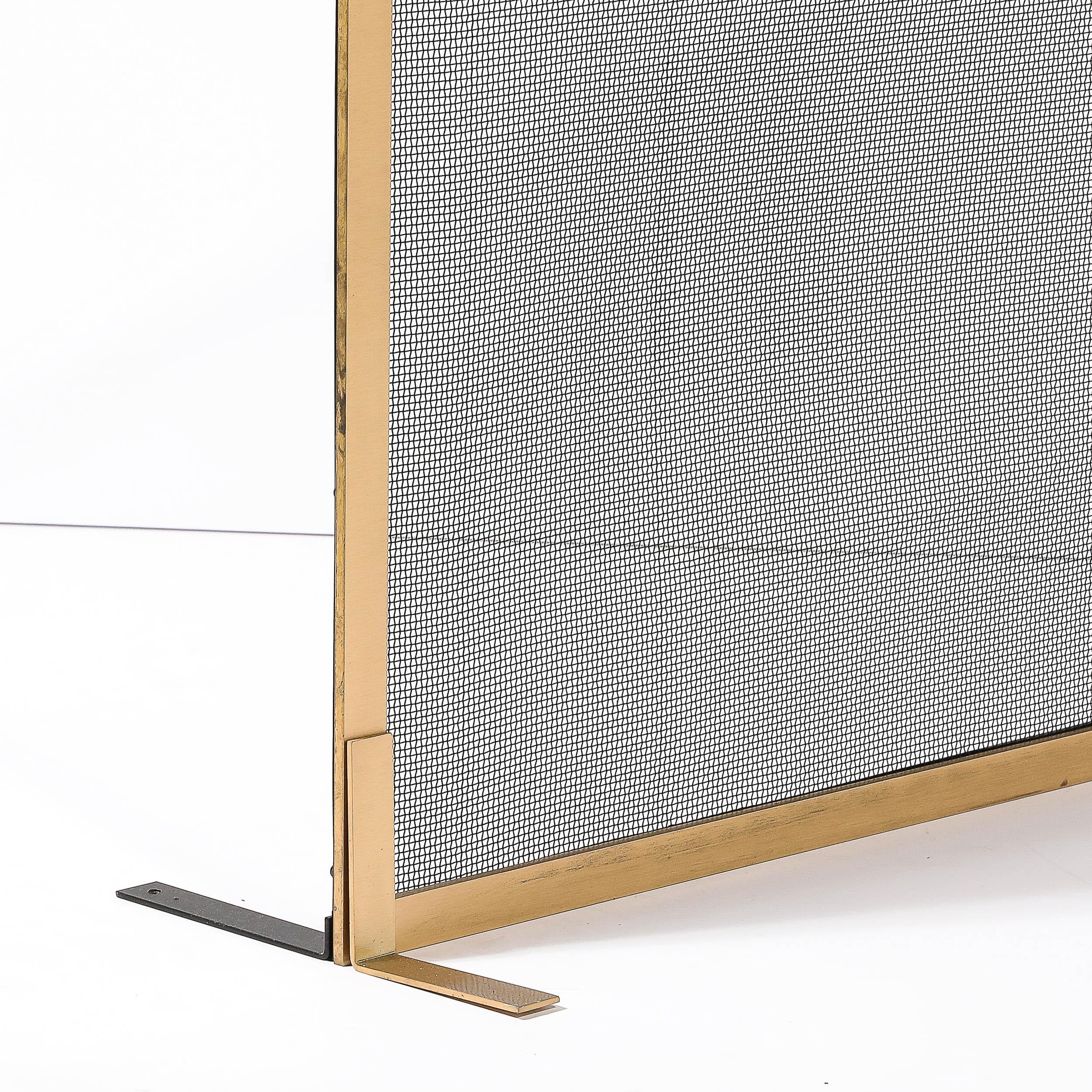 Modernist Custom Fire Screen in Brushed Brass w/ Iron Mesh Grill For Sale 7