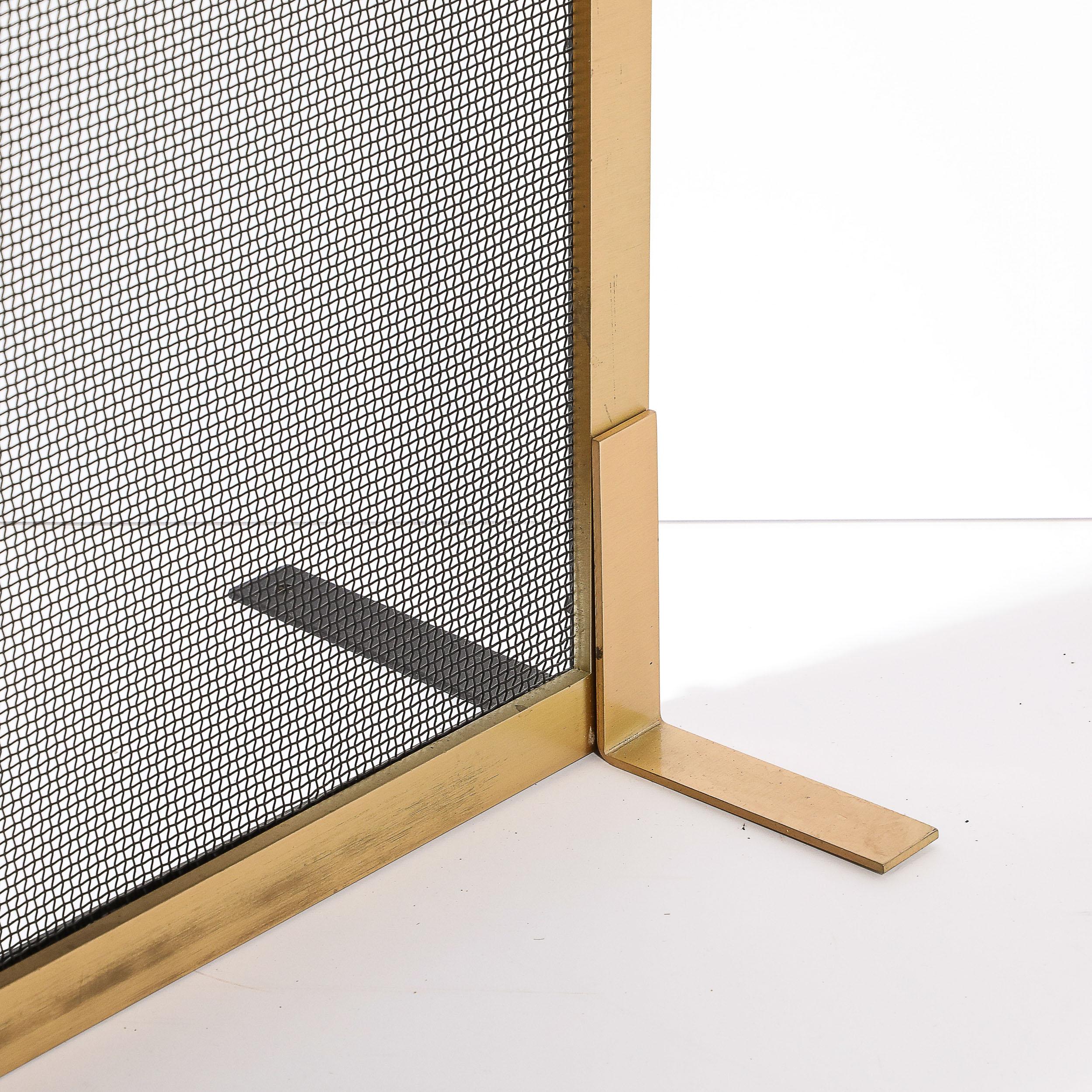 Modernist Custom Fire Screen in Brushed Brass w/ Iron Mesh Grill For Sale 9