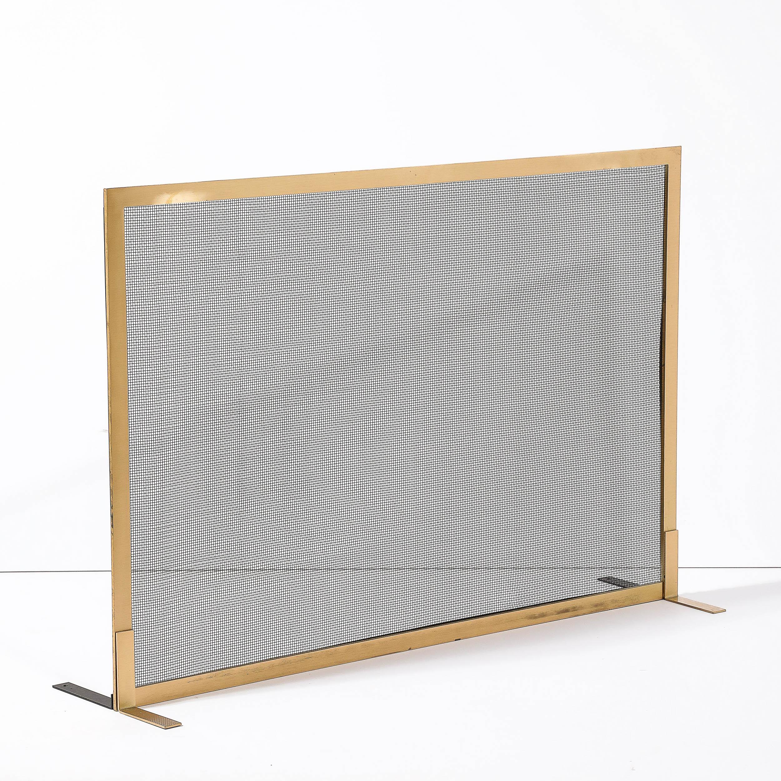 Modernist Custom Fire Screen in Brushed Brass w/ Iron Mesh Grill For Sale 10