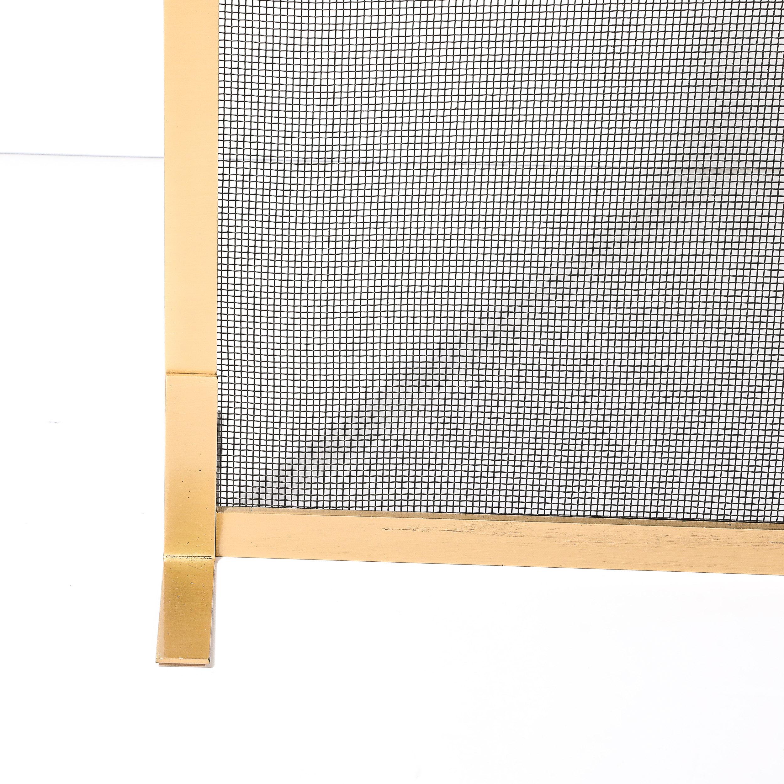 American Modernist Custom Fire Screen in Brushed Brass w/ Iron Mesh Grill For Sale
