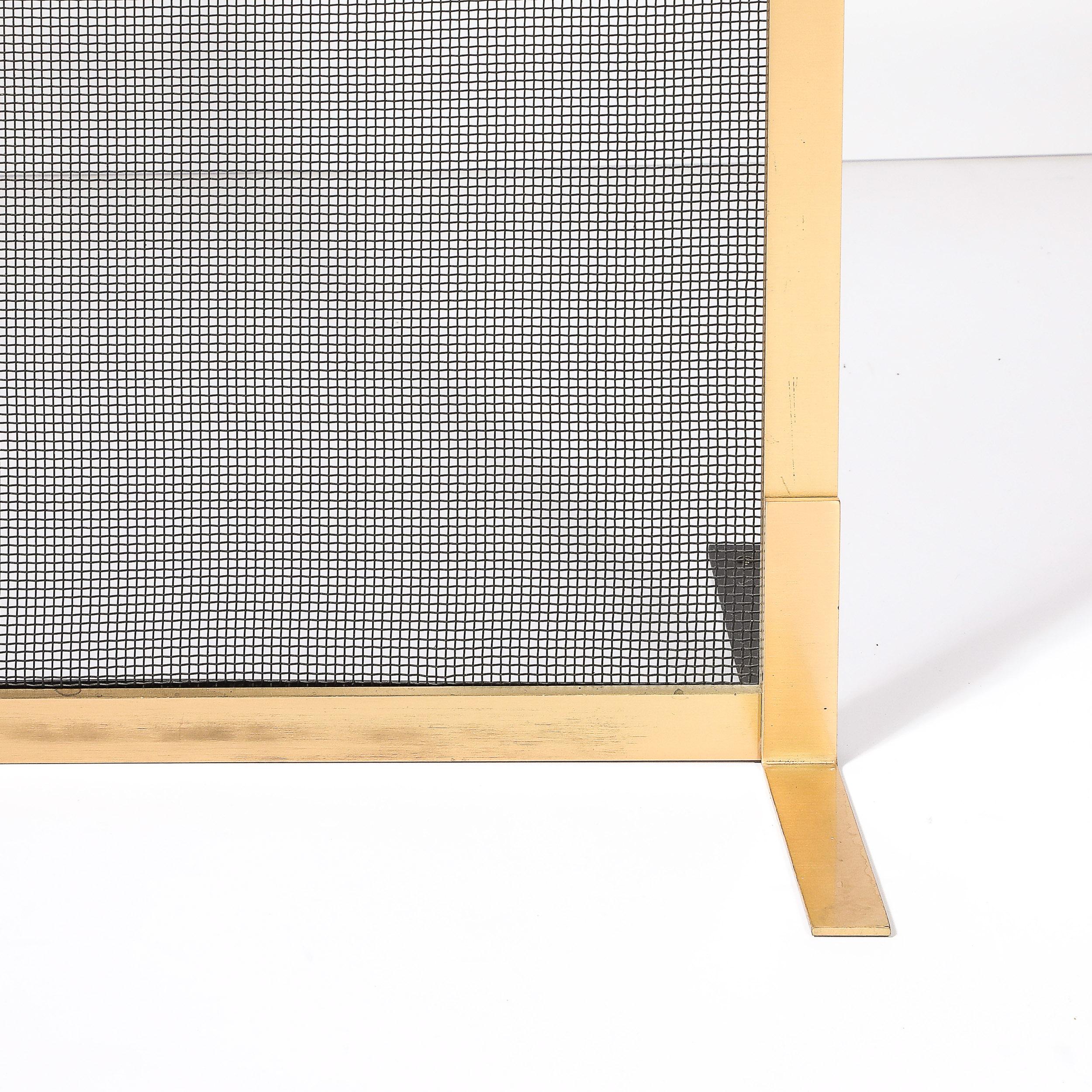 Contemporary Modernist Custom Fire Screen in Brushed Brass w/ Iron Mesh Grill For Sale