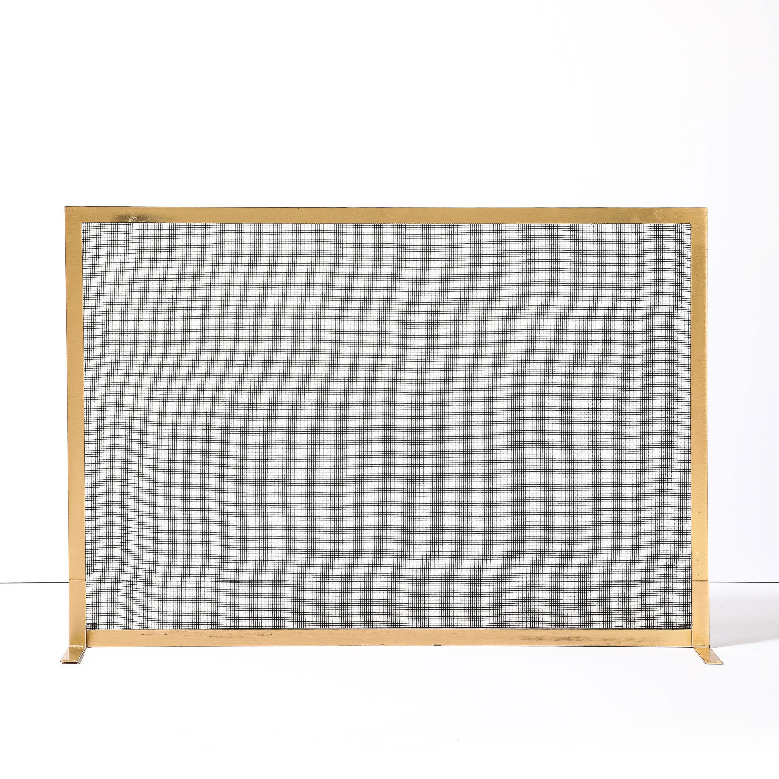 Modernist Custom Fire Screen in Brushed Brass w/ Iron Mesh Grill For Sale 1