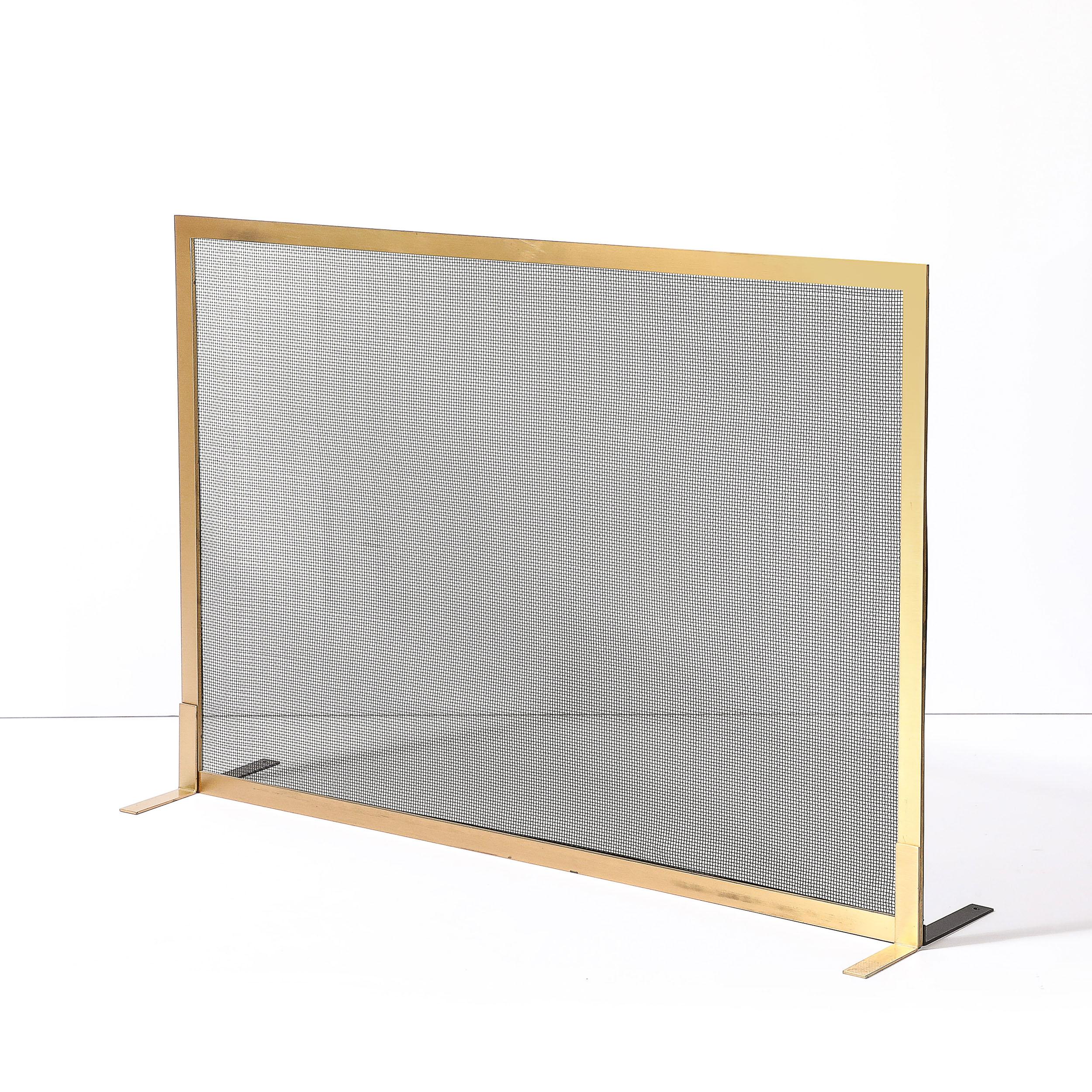 Modernist Custom Fire Screen in Brushed Brass w/ Iron Mesh Grill For Sale 2