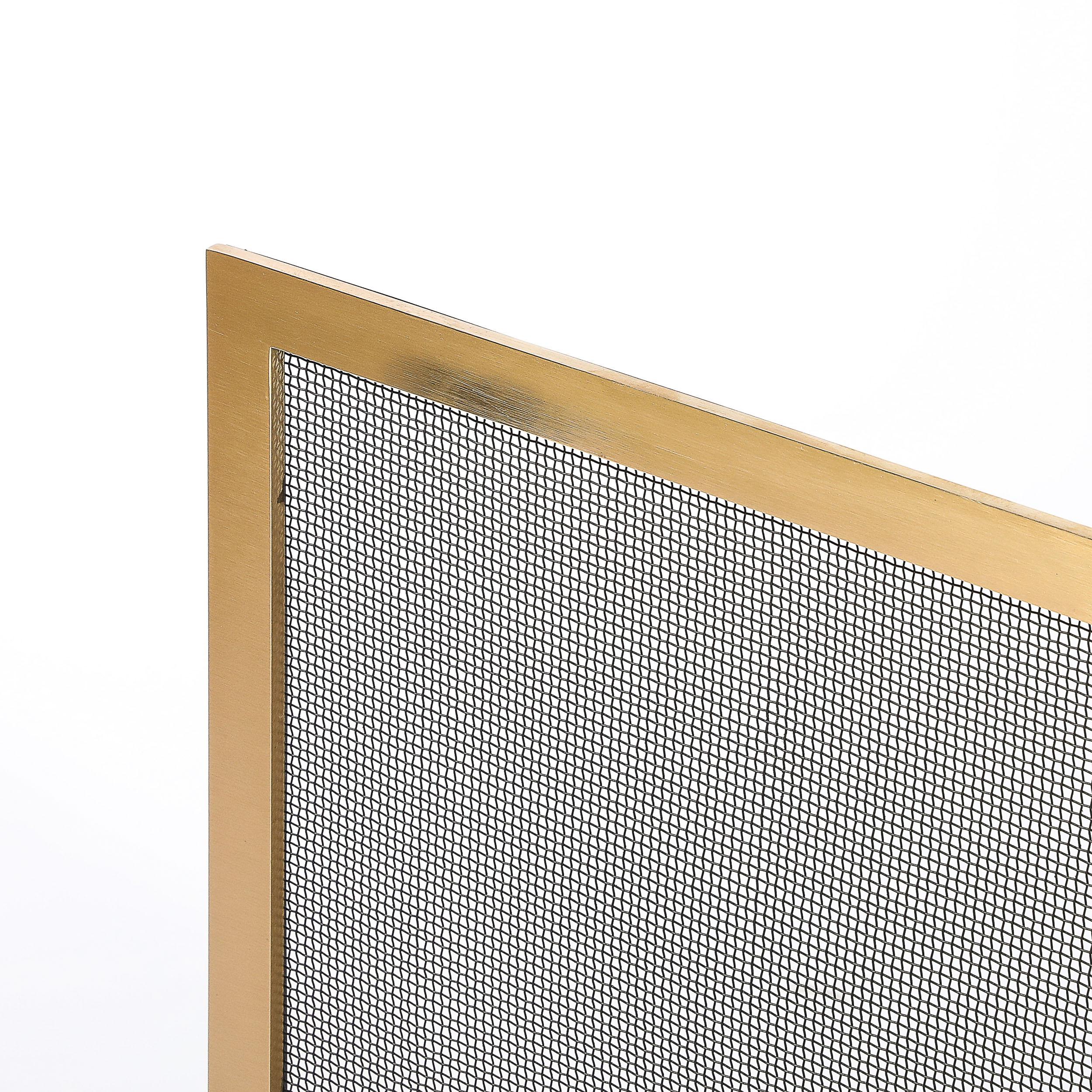 Modernist Custom Fire Screen in Brushed Brass w/ Iron Mesh Grill For Sale 4