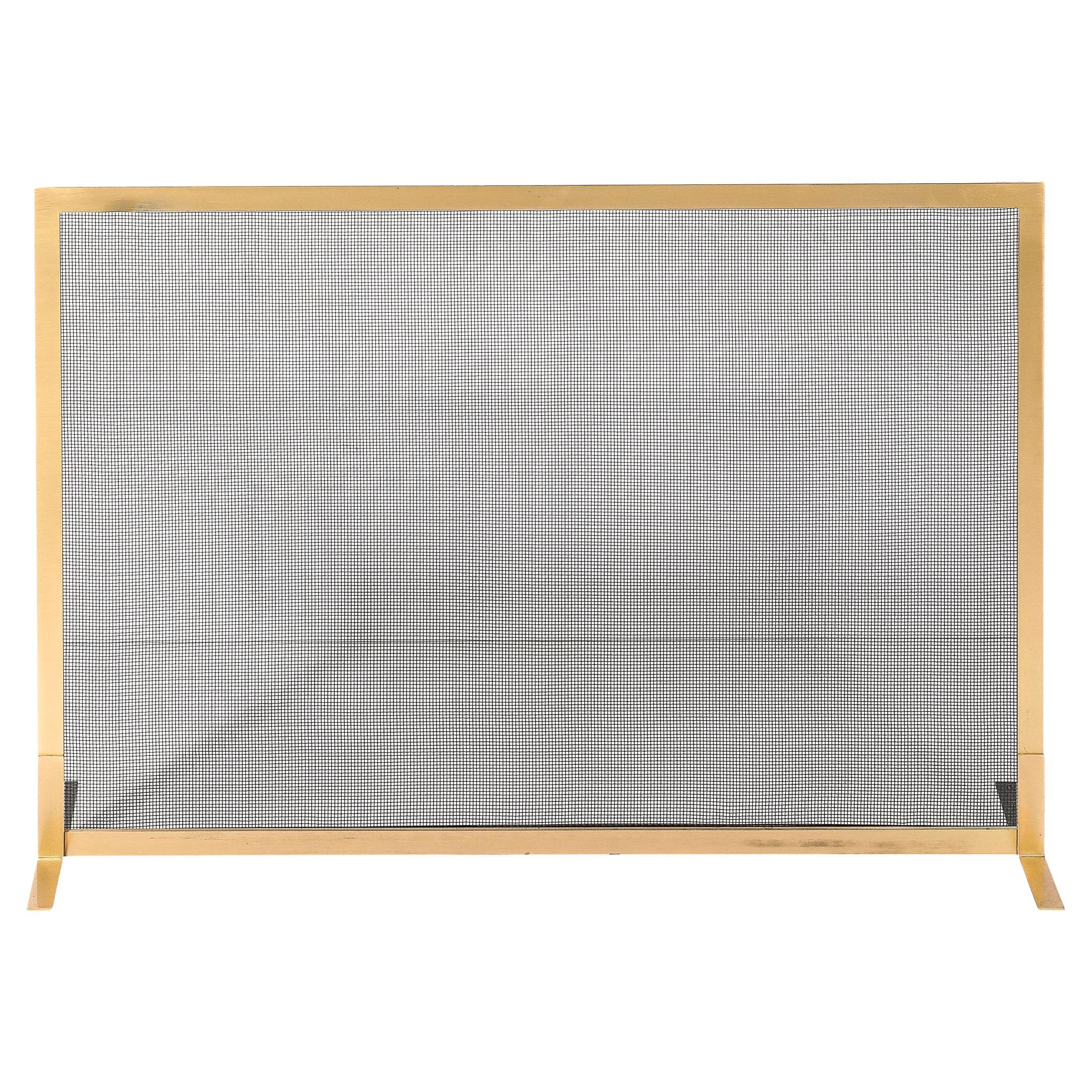Modernist Custom Fire Screen in Brushed Brass w/ Iron Mesh Grill For Sale