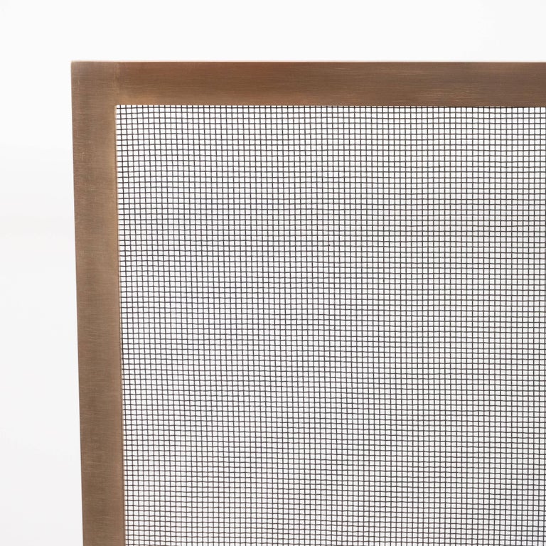 American Modernist Custom-Made Fire Screen in Brushed Brass with Iron Mesh Grill For Sale
