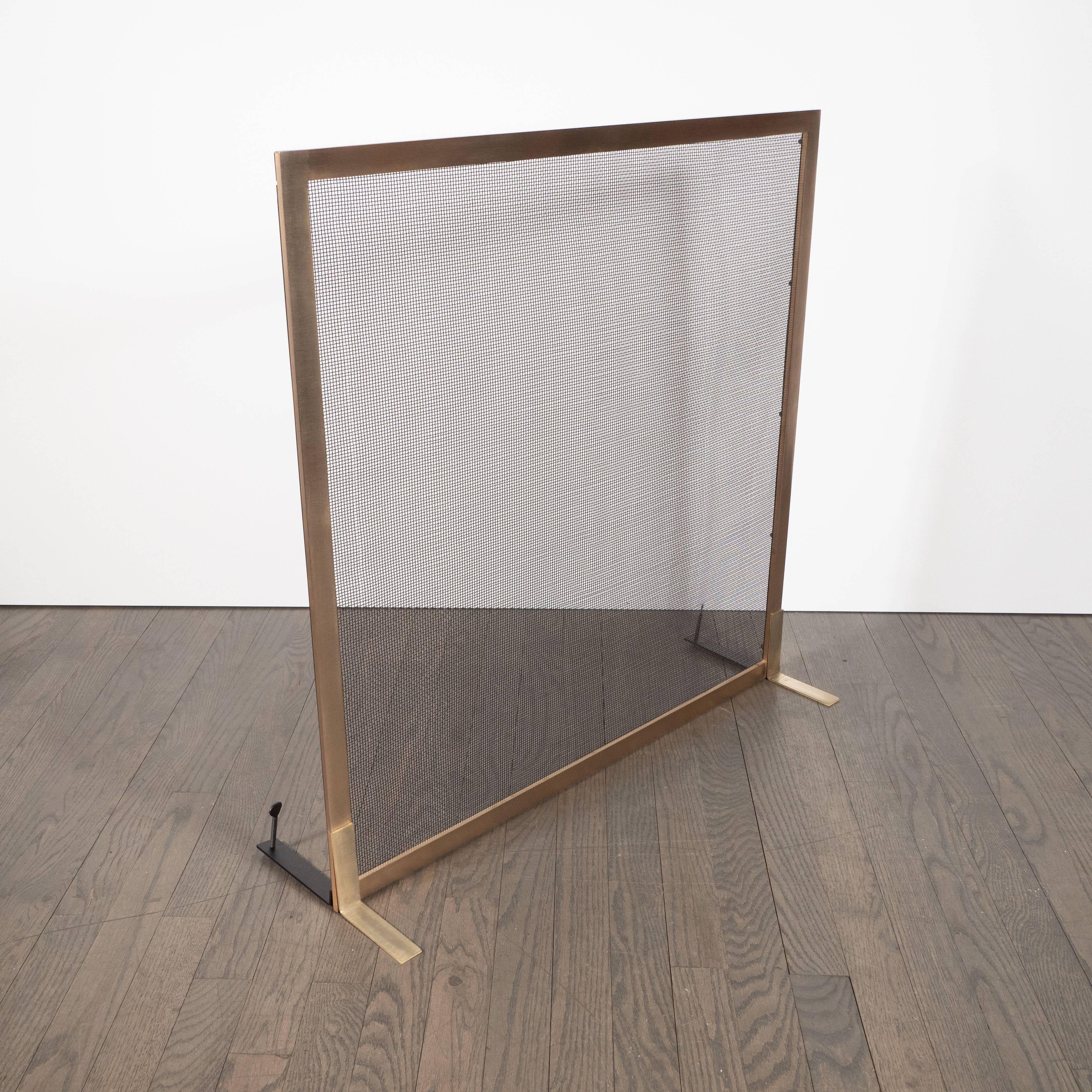 American Modernist Custom-Made Fire Screen in Brushed Brass with Iron Mesh Grill For Sale