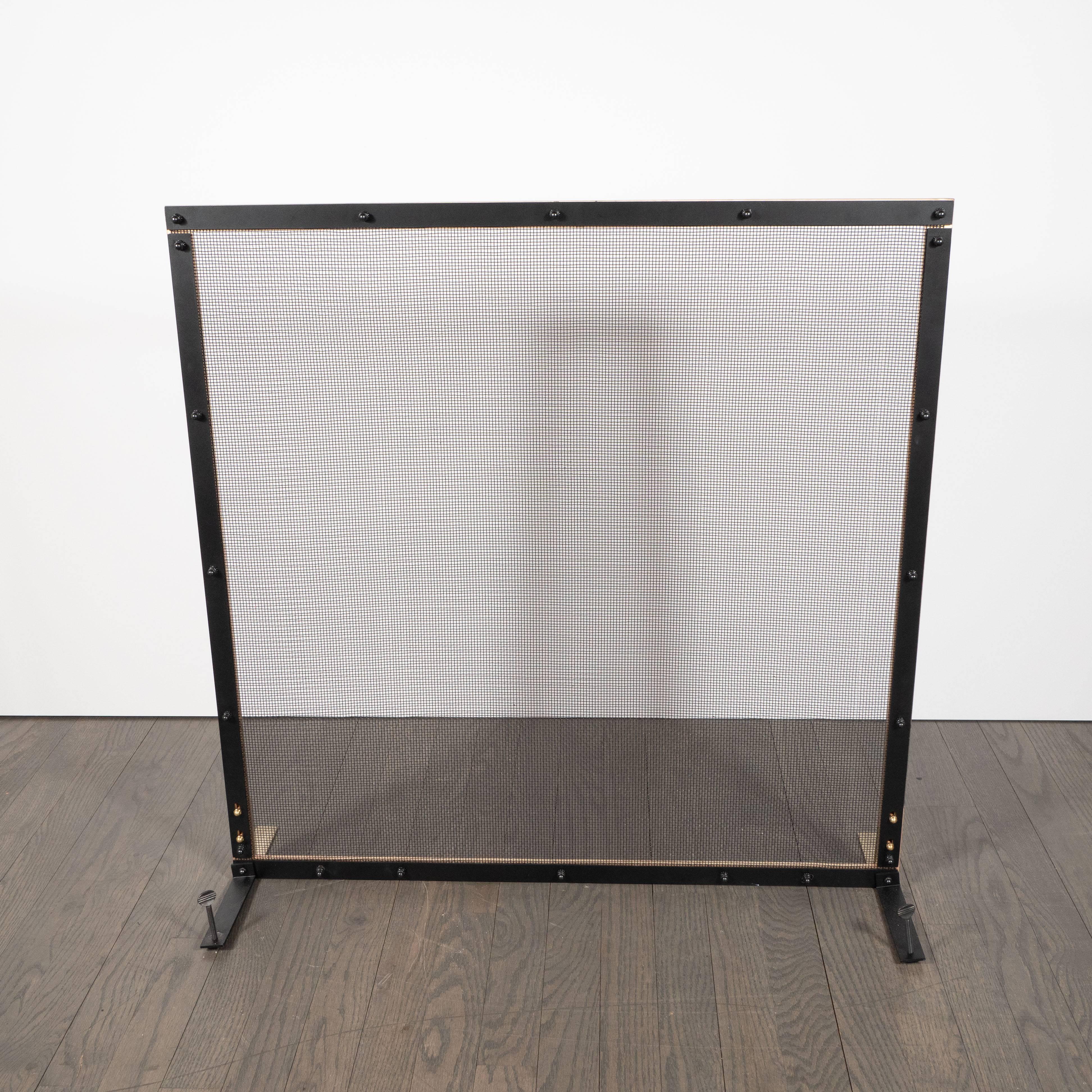 Modernist Custom-Made Fire Screen in Brushed Brass with Iron Mesh Grill For Sale 1
