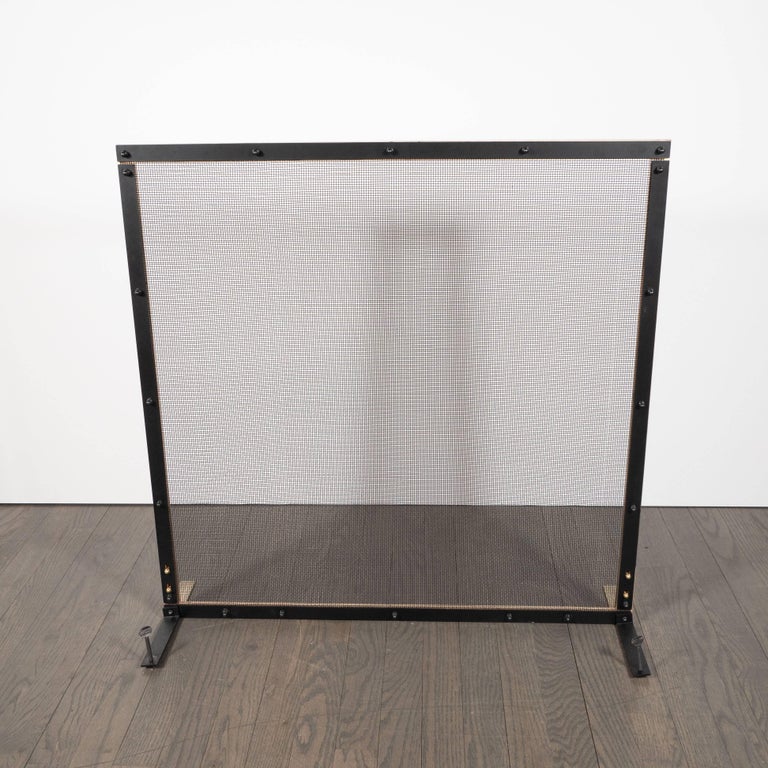 Modernist Custom-Made Fire Screen in Brushed Brass with Iron Mesh Grill For Sale 2