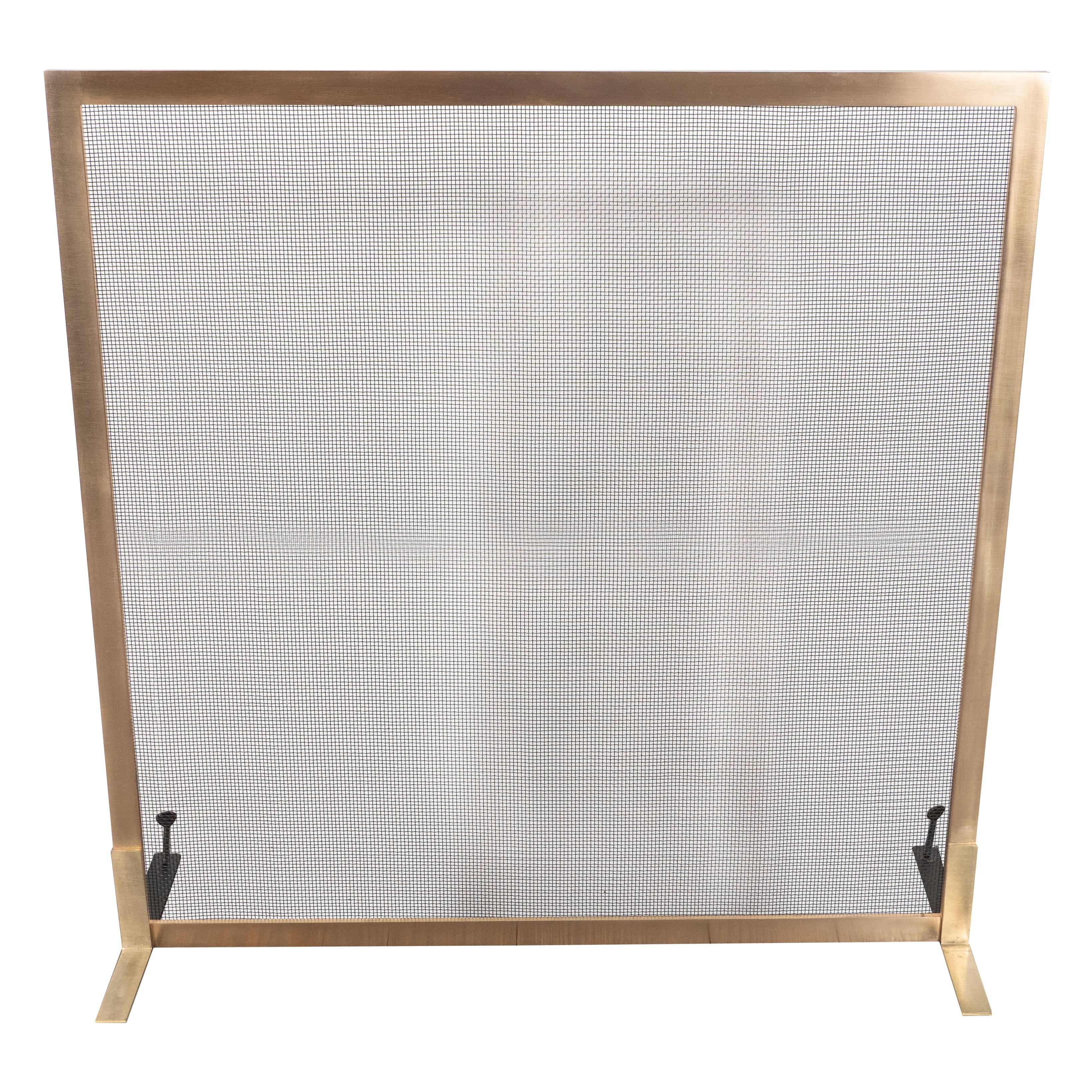 Modernist Custom-Made Fire Screen in Brushed Brass with Iron Mesh Grill