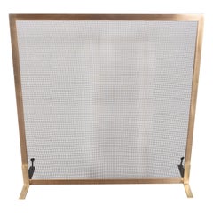 Modernist Custom-Made Fire Screen in Brushed Brass with Iron Mesh Grill