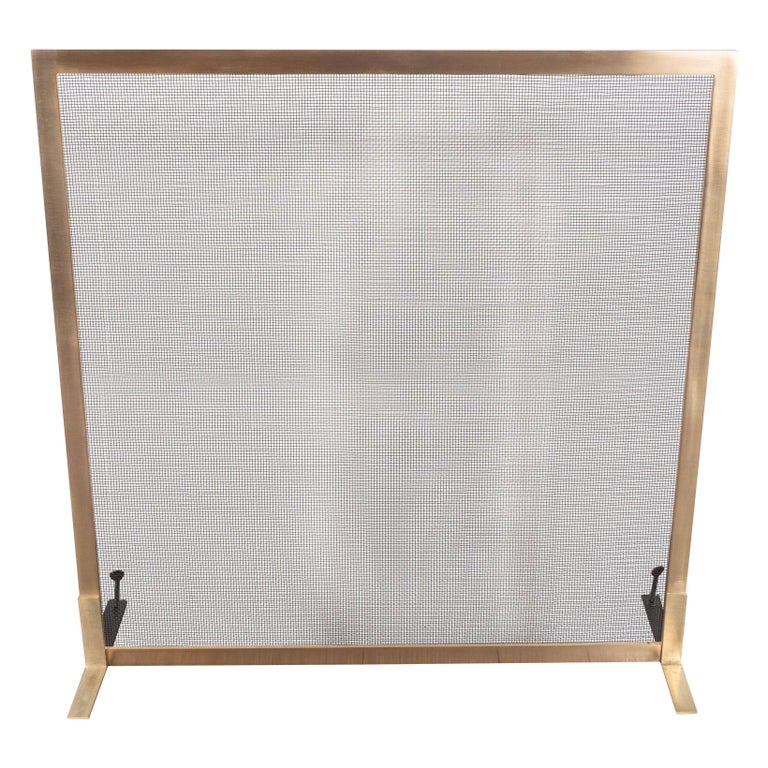 Modernist Custom Made Fire Screen In Brushed Brass With Iron Mesh Grill For Sale At 1stdibs