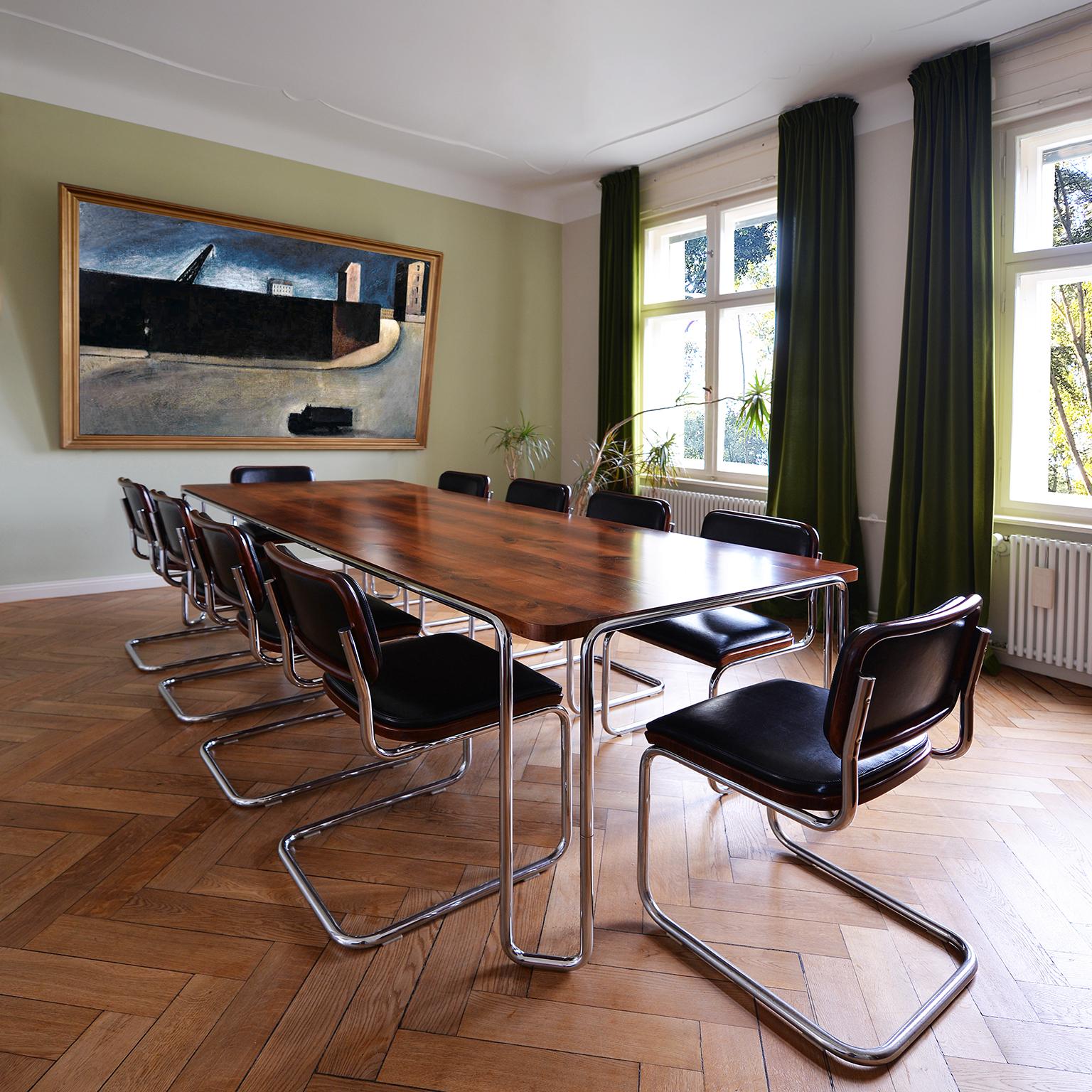 Modernist Ultra-Thin Tubular-Steel Table, Veneered Top, Customisable, GMD Berlin For Sale 1