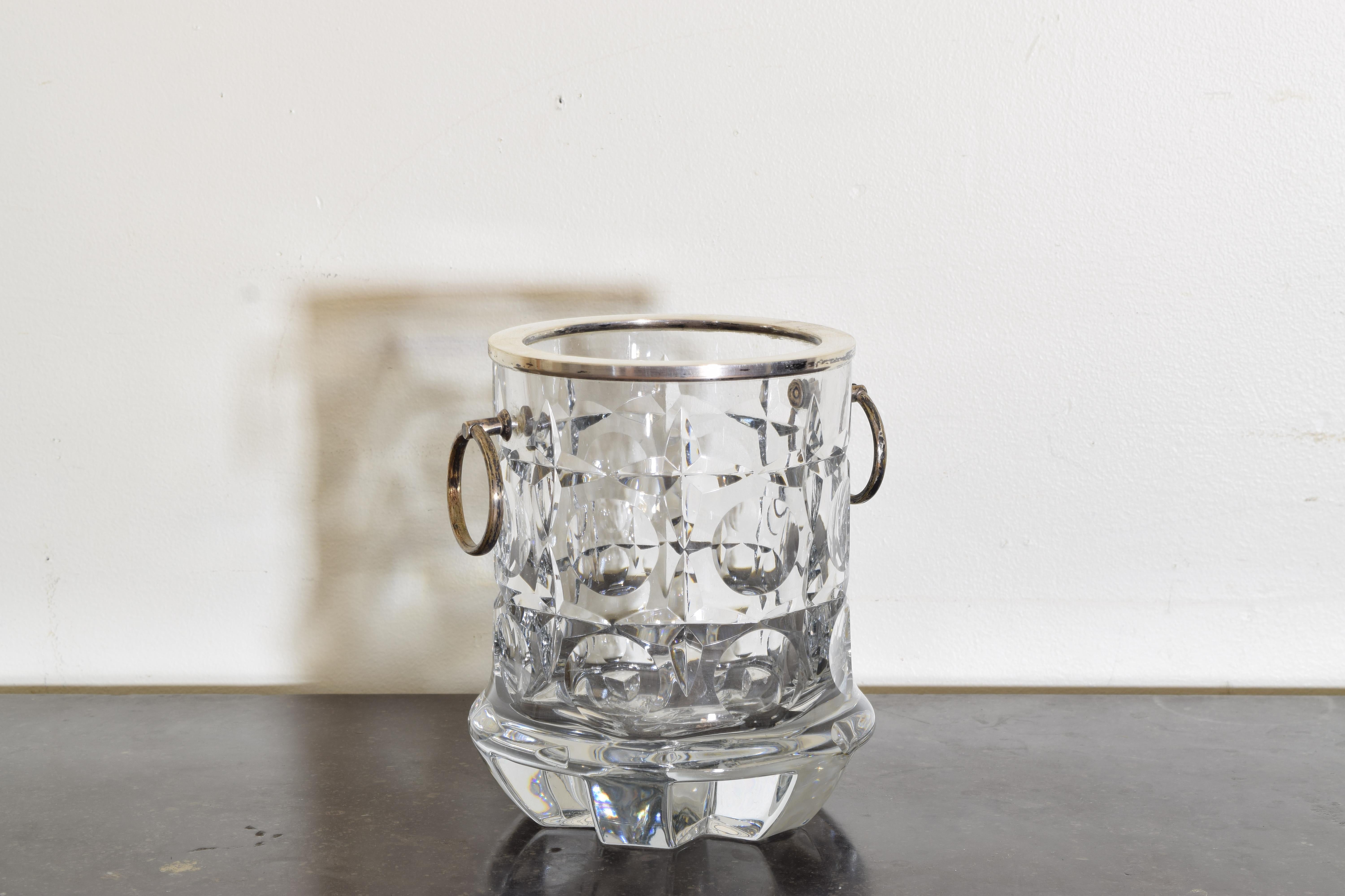 Mid-Century Modern Modernist Cut Crystal and Silver Plated Ice Bucket with Handles For Sale