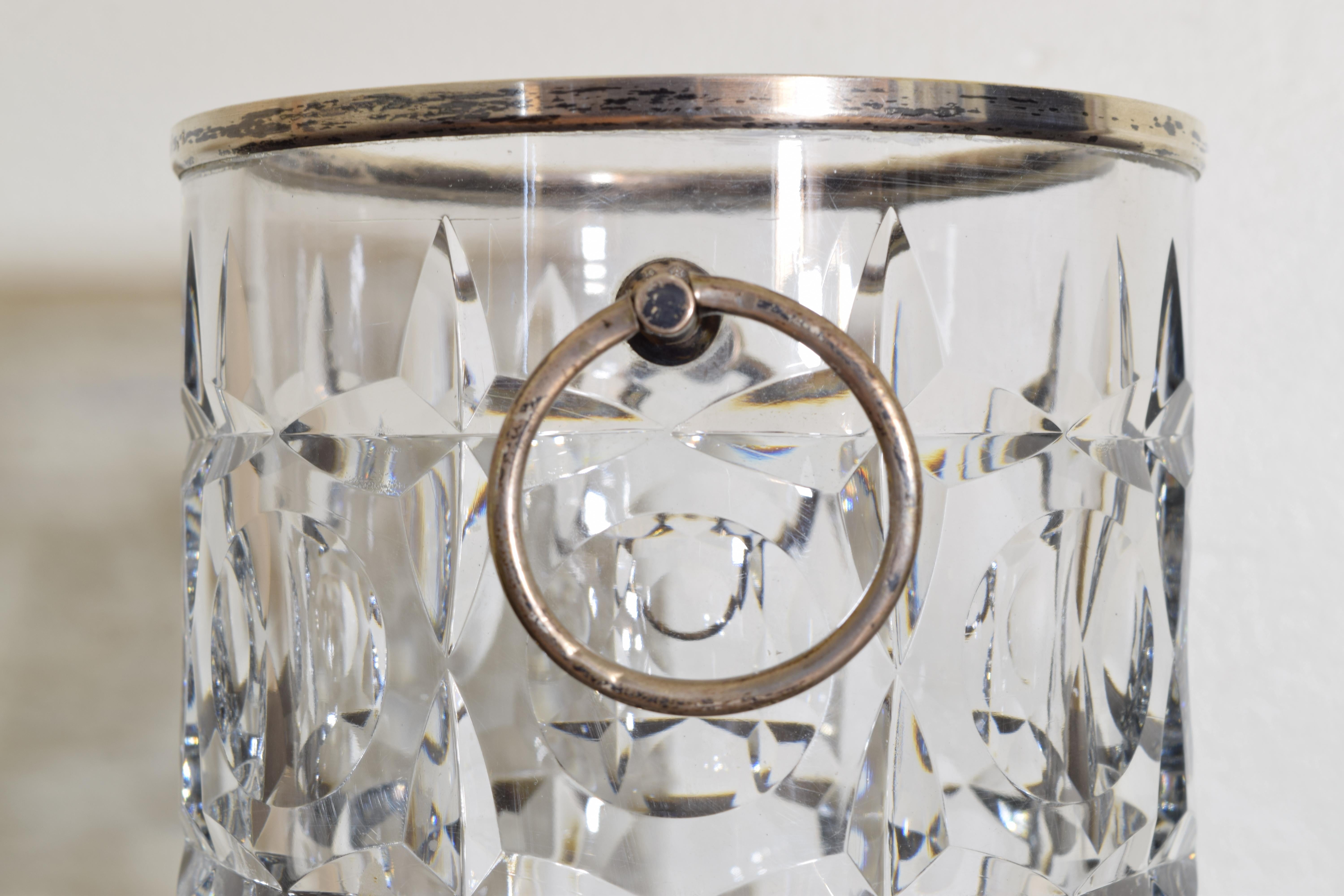 20th Century Modernist Cut Crystal and Silver Plated Ice Bucket with Handles For Sale
