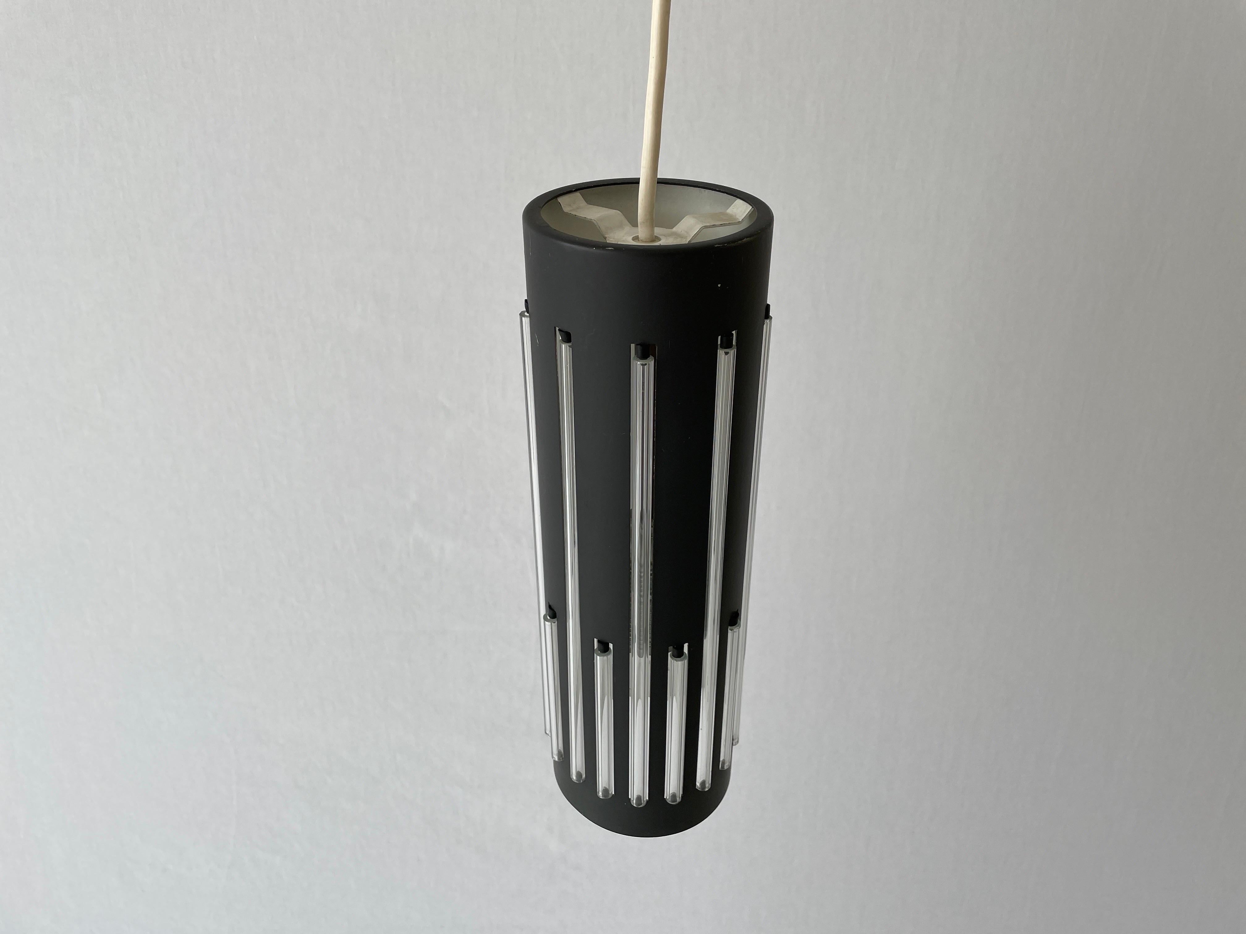 Mid-Century Modern Modernist Cylinder Design Glass & Black Metal Pendant Lamp, 1960s, Germany For Sale