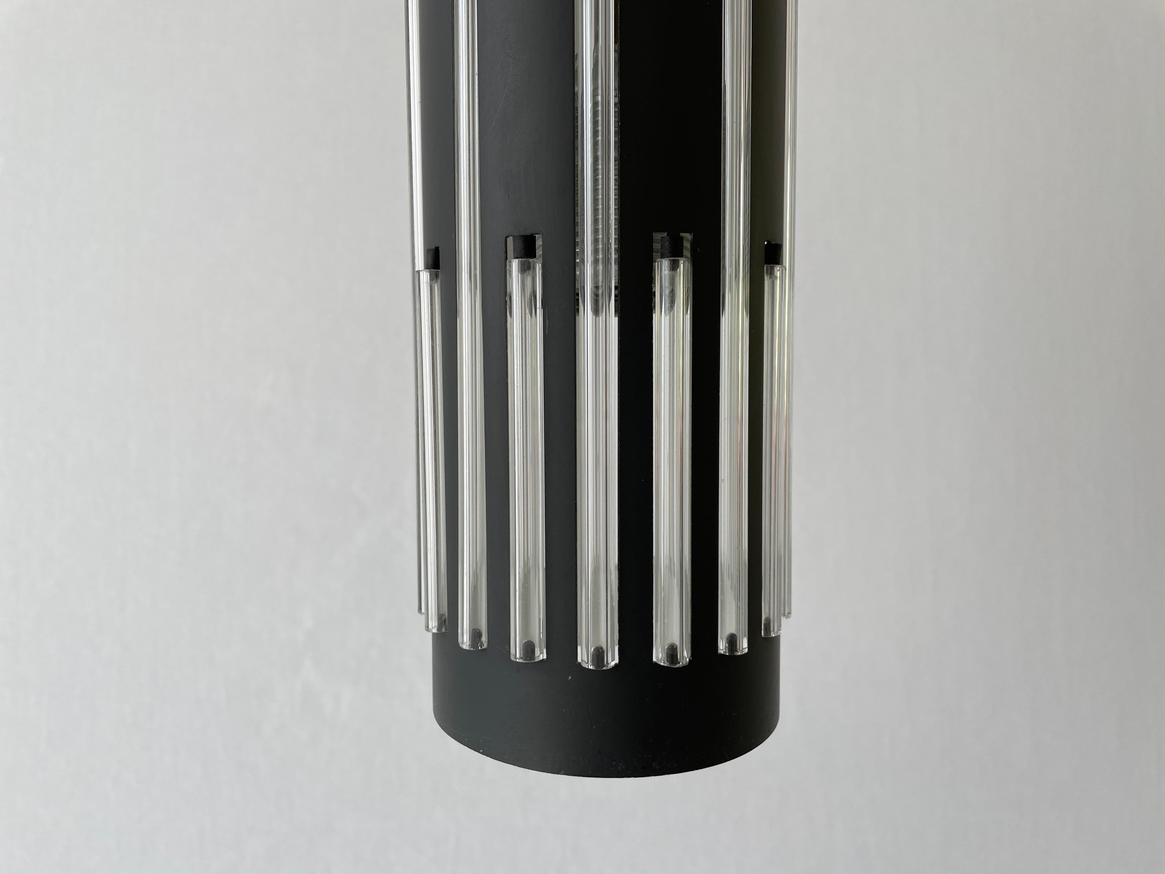 Modernist Cylinder Design Glass & Black Metal Pendant Lamp, 1960s, Germany In Excellent Condition For Sale In Hagenbach, DE