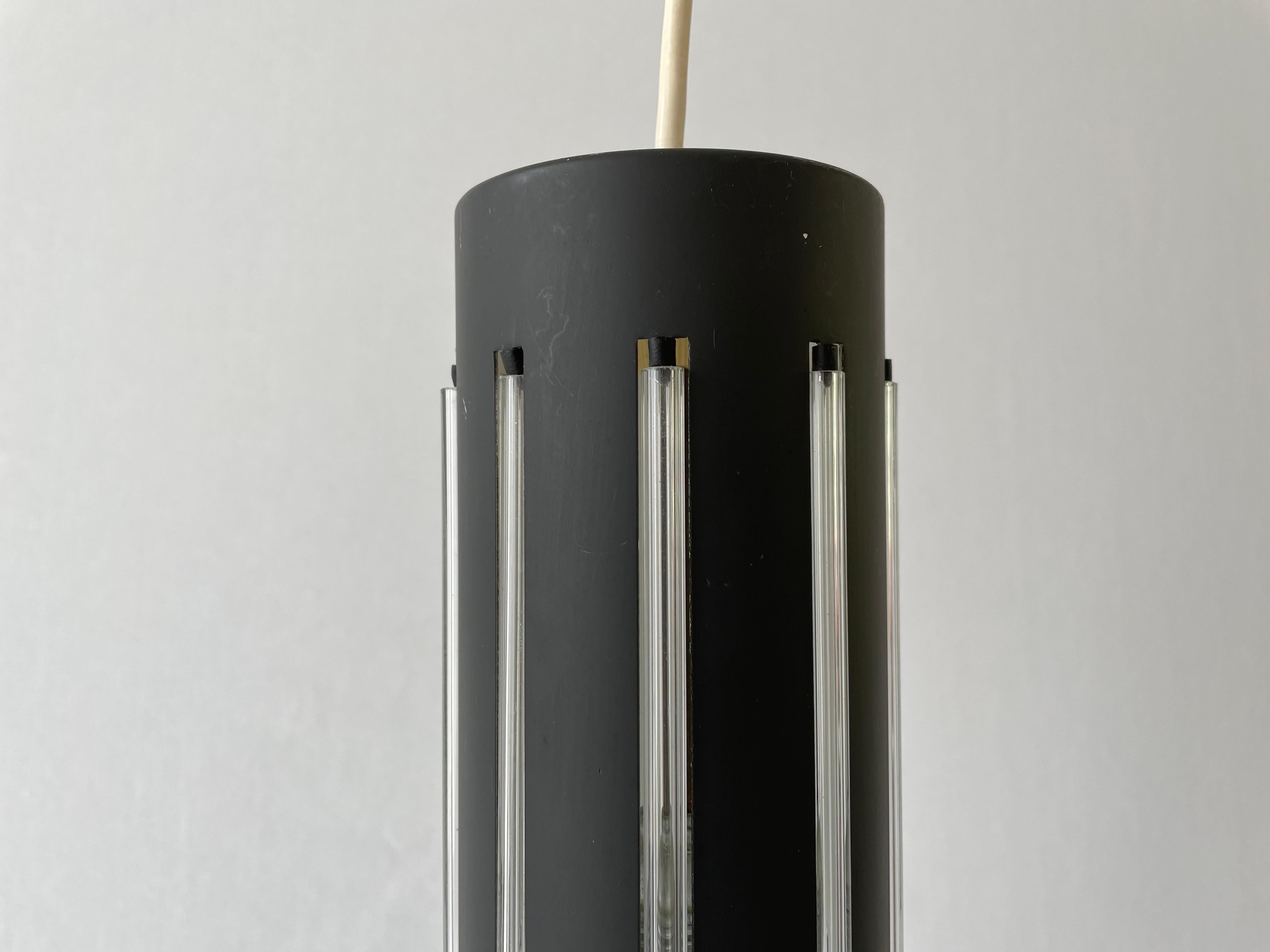 Mid-20th Century Modernist Cylinder Design Glass & Black Metal Pendant Lamp, 1960s, Germany For Sale