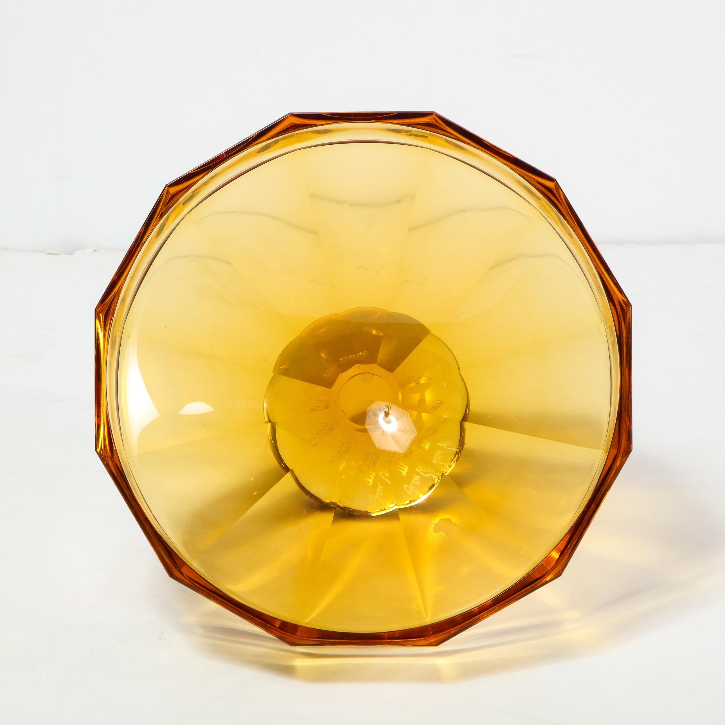Modernist Czech Faceted Amber & Translucent Glass Center Bowl Signed by Moser 4