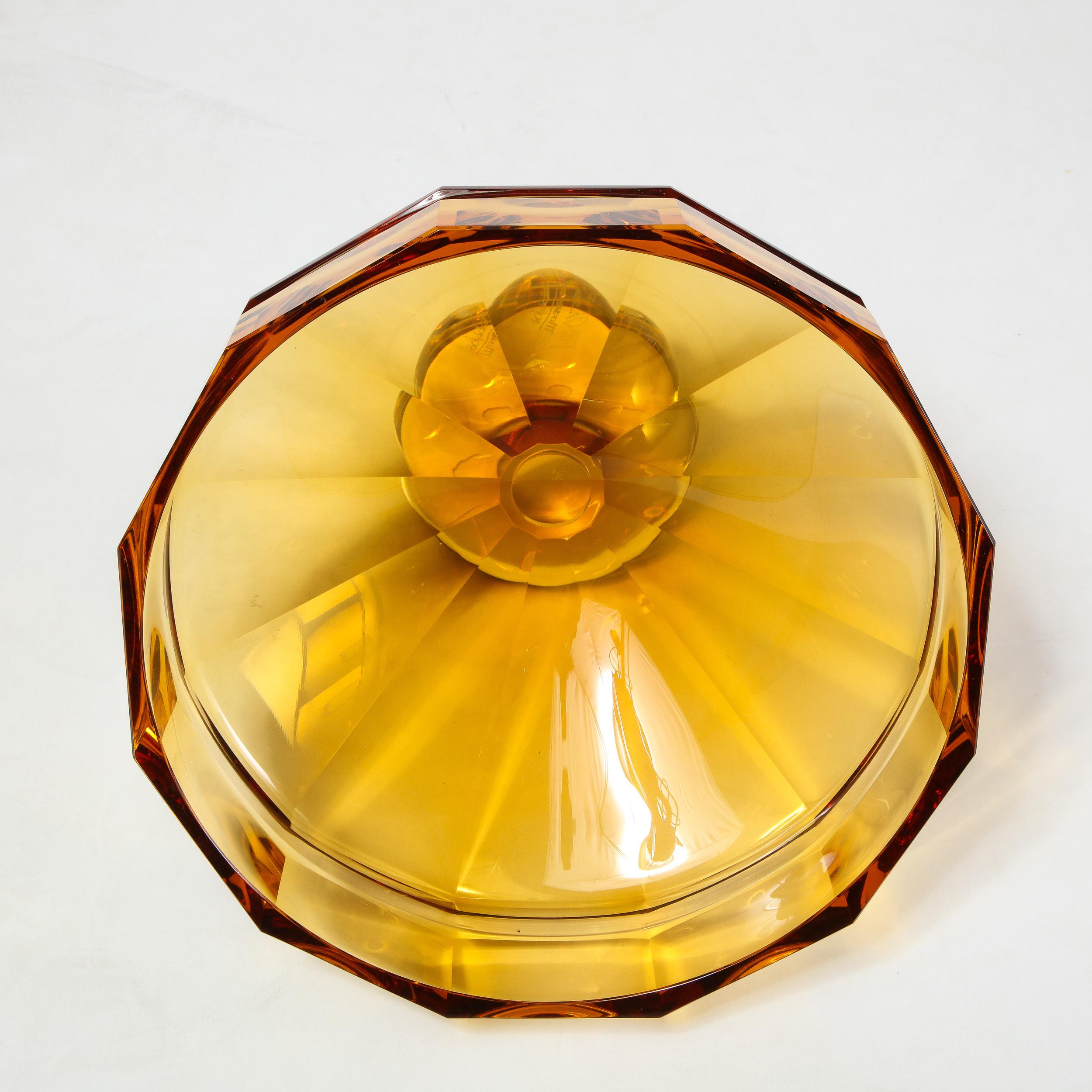 Modernist Czech Faceted Amber & Translucent Glass Center Bowl Signed by Moser 5