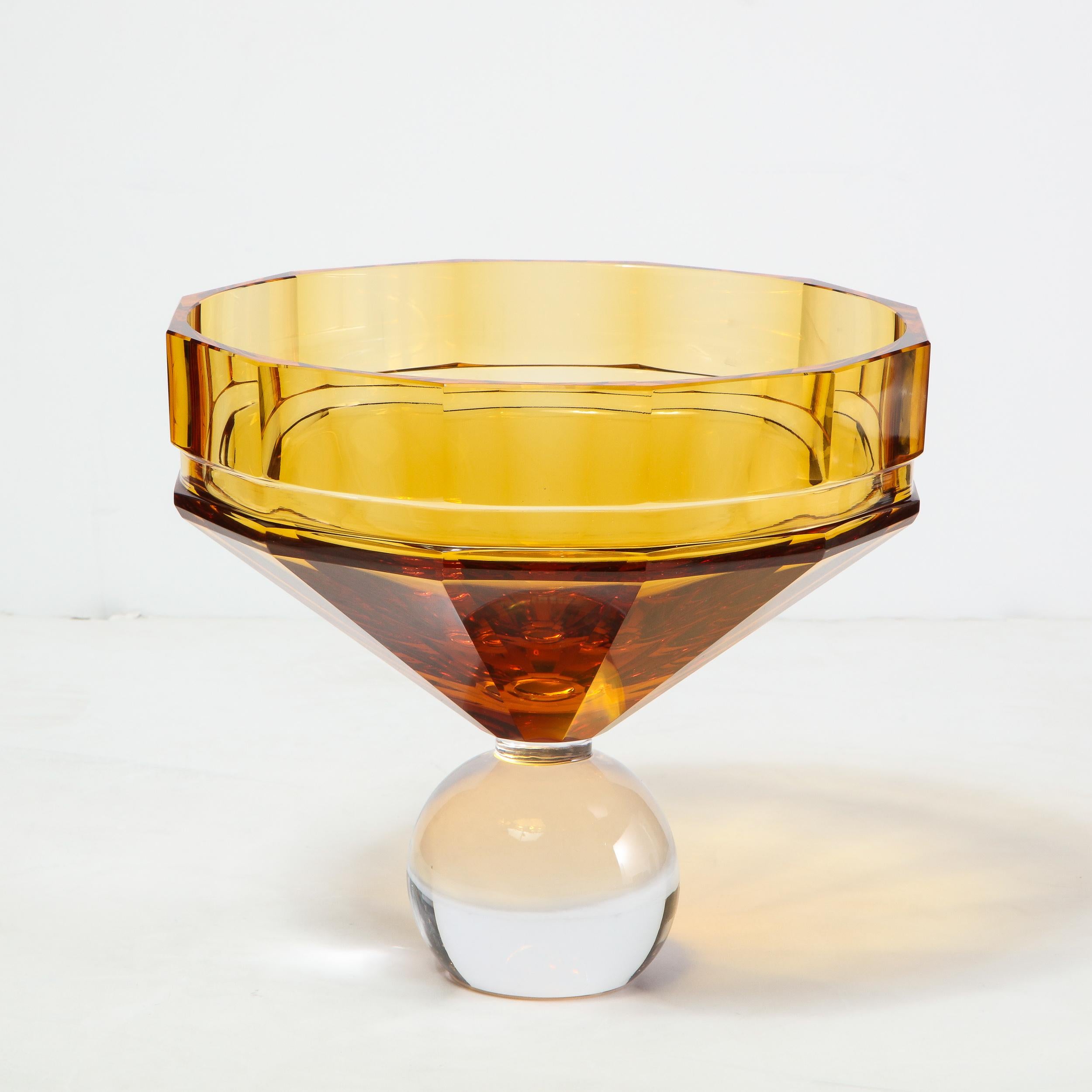 Art Deco Modernist Czech Faceted Amber & Translucent Glass Center Bowl Signed by Moser