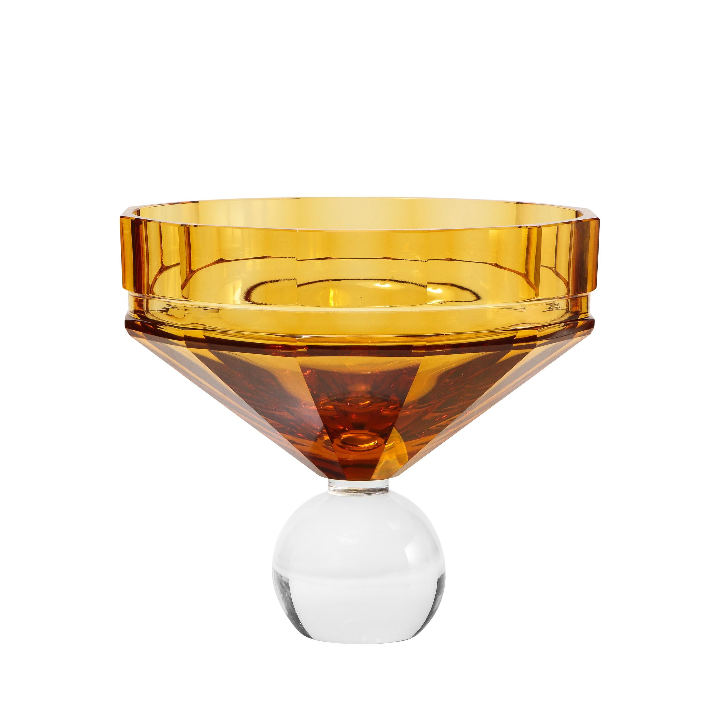 Modernist Czech Faceted Amber & Translucent Glass Center Bowl Signed by Moser In Excellent Condition In New York, NY