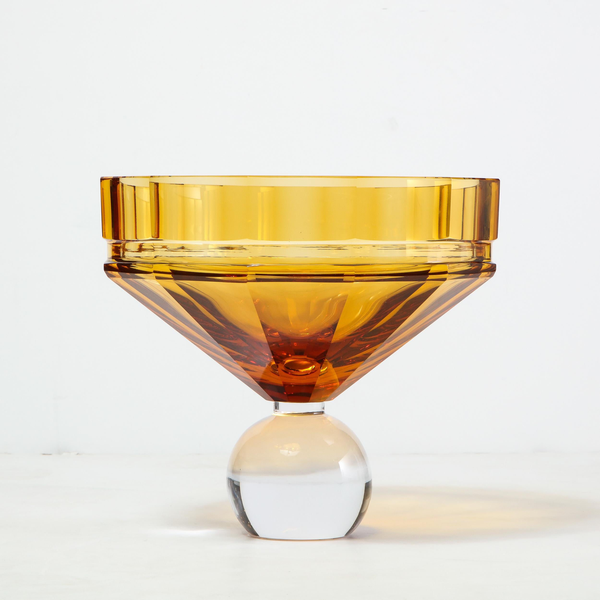 20th Century Modernist Czech Faceted Amber & Translucent Glass Center Bowl Signed by Moser