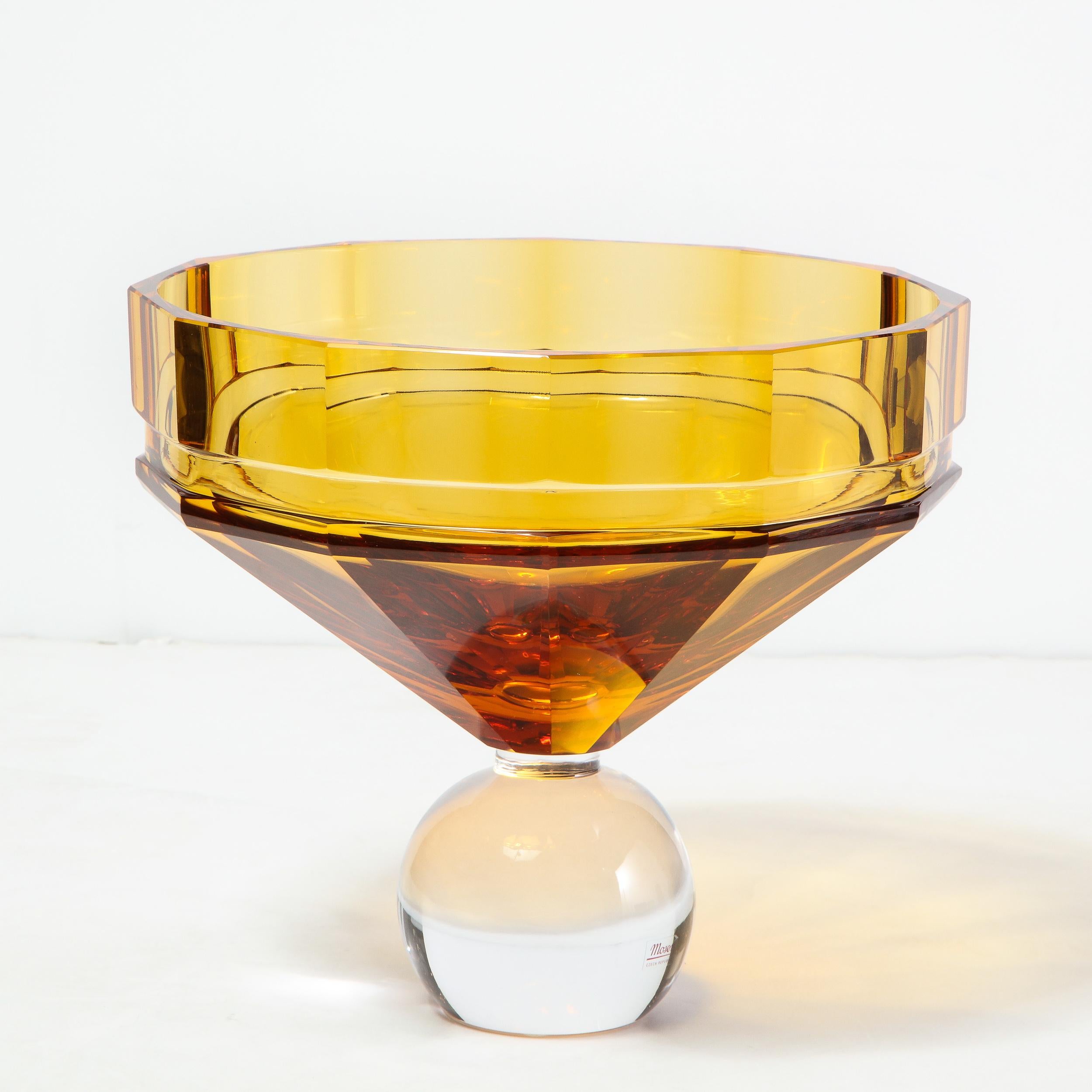 Blown Glass Modernist Czech Faceted Amber & Translucent Glass Center Bowl Signed by Moser