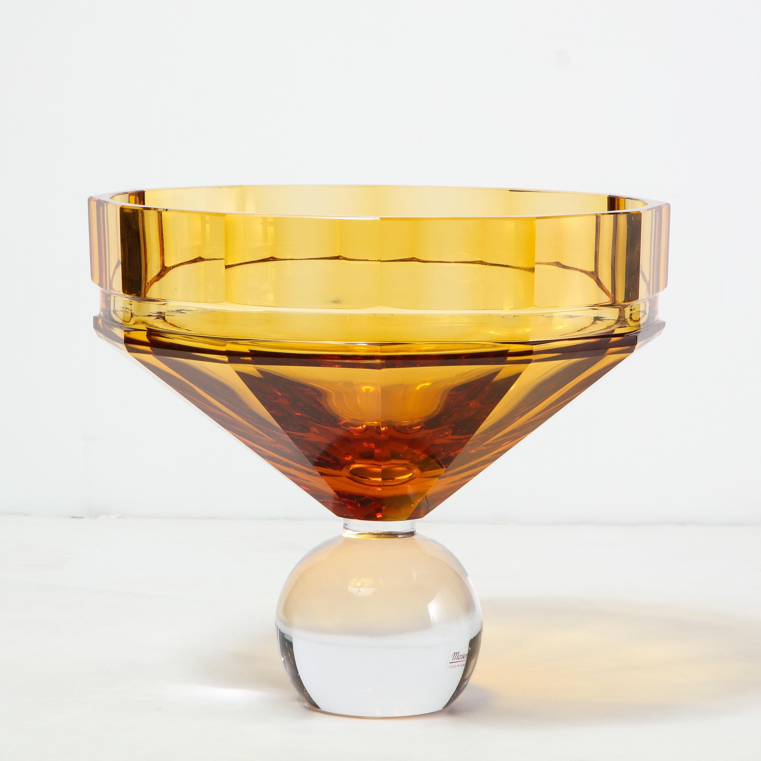 Modernist Czech Faceted Amber & Translucent Glass Center Bowl Signed by Moser 1