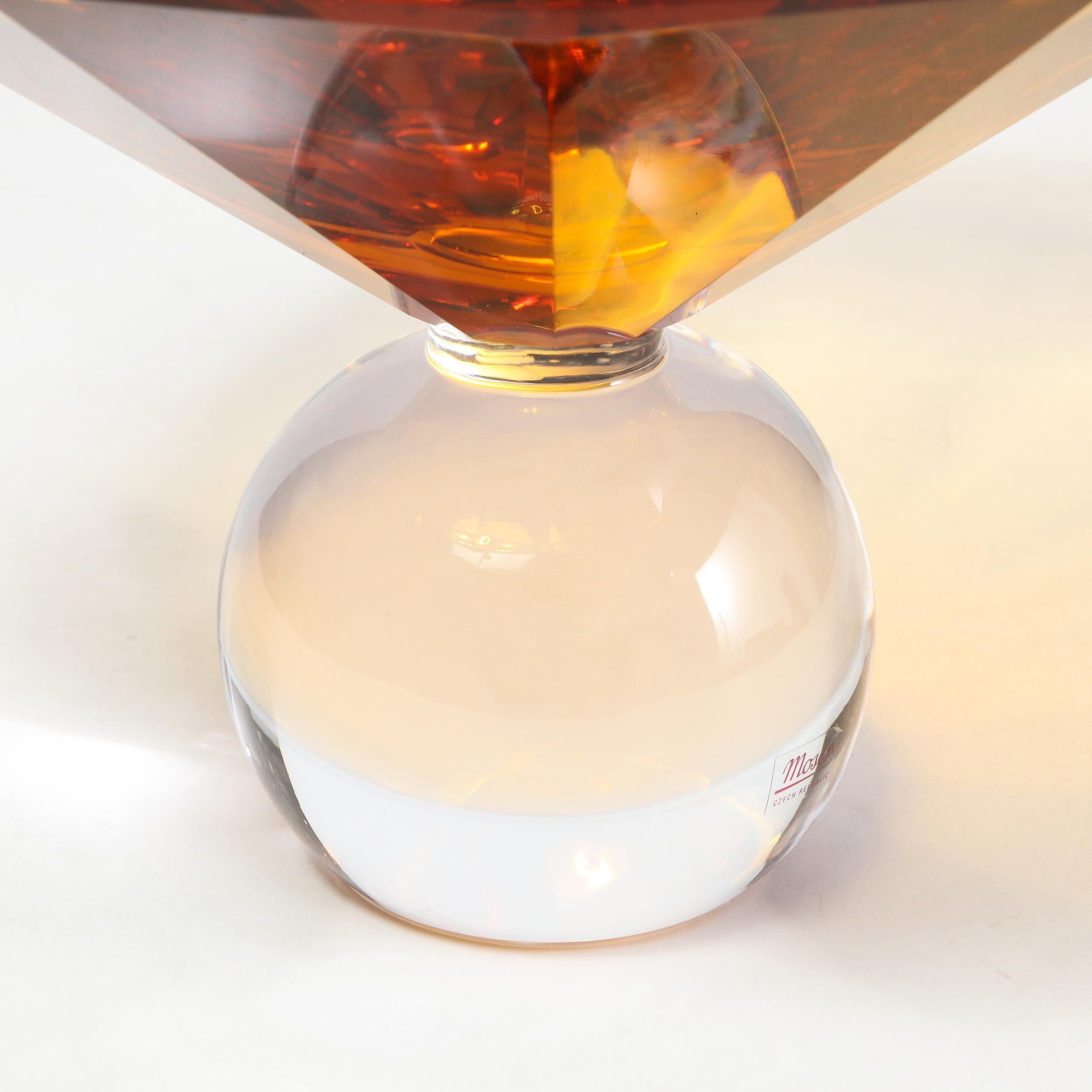 Modernist Czech Faceted Amber & Translucent Glass Center Bowl Signed by Moser 2