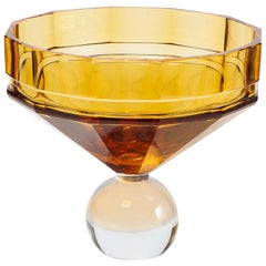 Modernist Czech Faceted Amber & Translucent Glass Center Bowl Signed by Moser