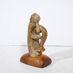 Modernist Dan Bedik Sculpture "Musical Embrace" in Green Marble with Walnut Base
