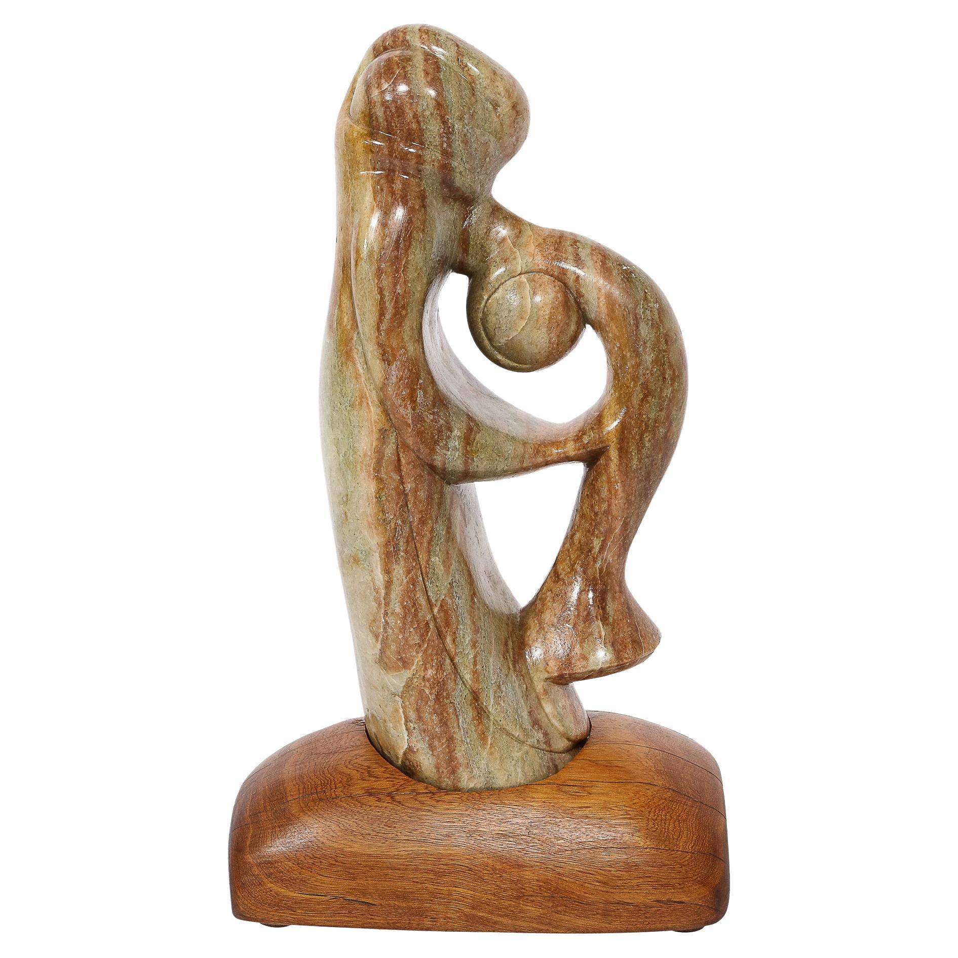 Modernist Dan Bedik Sculpture "Musical Embrace" in Green Marble with Walnut Base For Sale