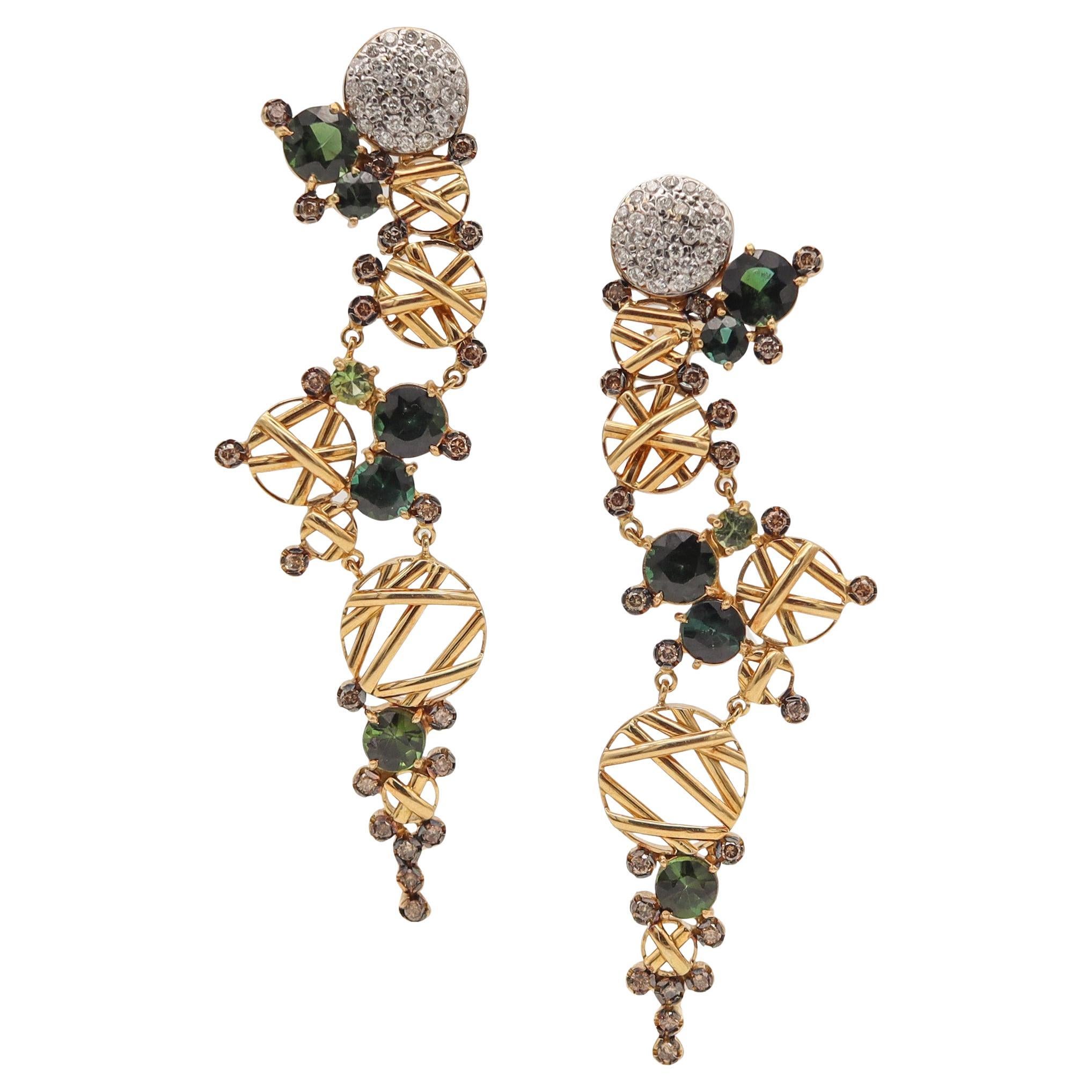 MODERNIST Dangle Drop Earrings 18Kt Gold & 14.24 Ctw Tourmalines & Diamonds