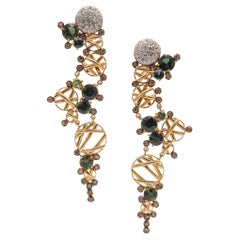 MODERNIST Dangle Drop Earrings 18Kt Gold & 14.24 Ctw Tourmalines & Diamonds