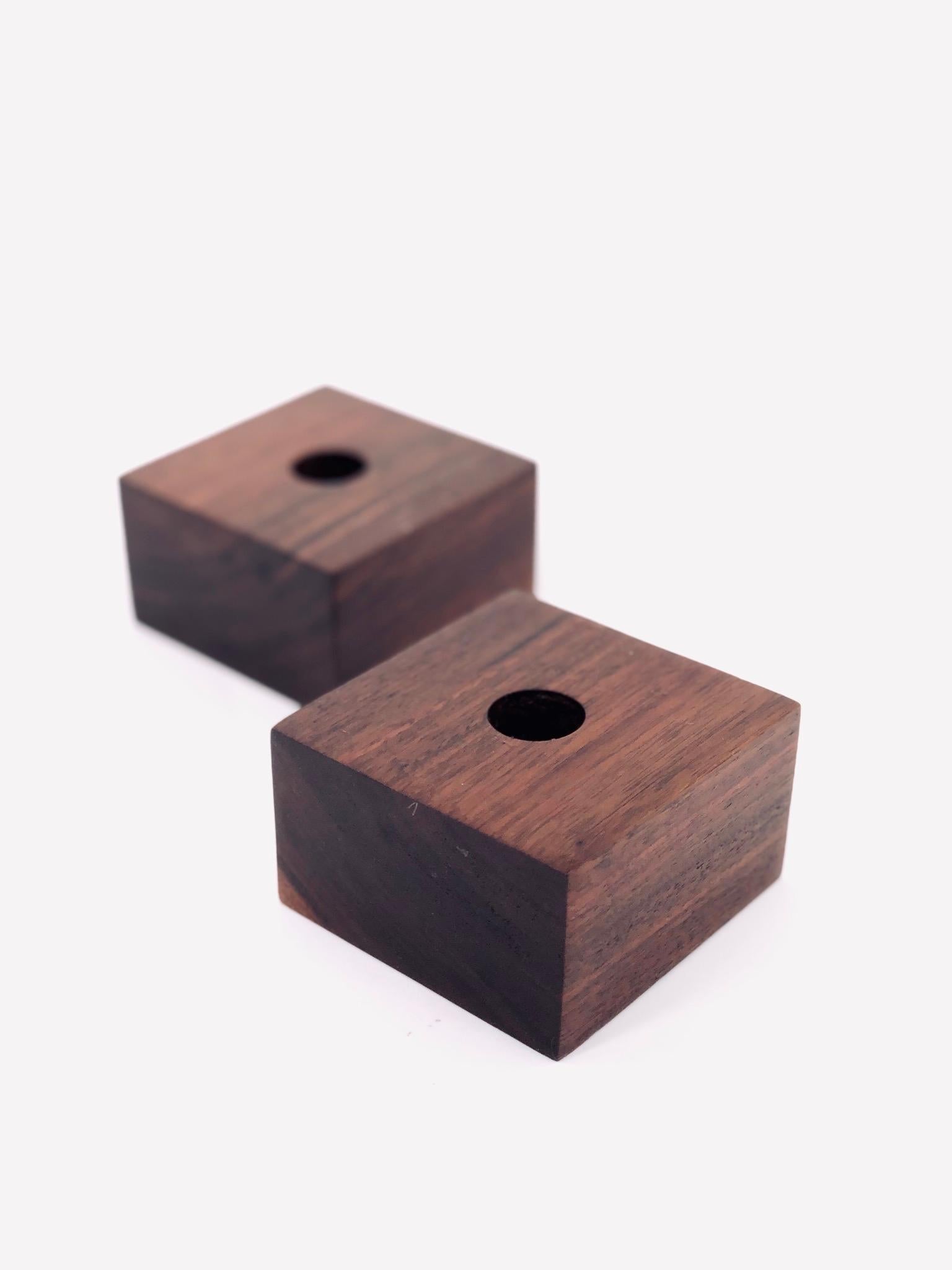 Nice solid walnut square candleholders, circa 1970s. Simple elegant design it fits a 3/4