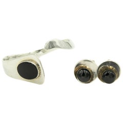 Modernist Danish Onyx Sterling Silver Bracelet by A. Mik and Earrings by NE From
