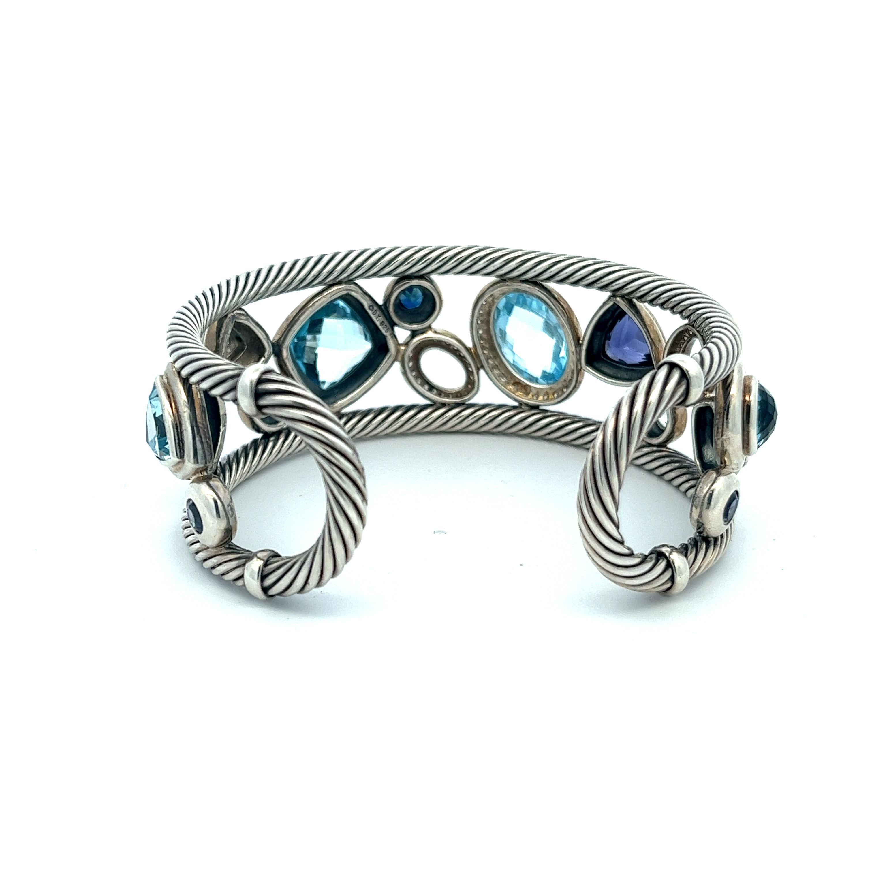 Oval Cut Modernist David Yurman Blue Oval Mosaic Cuff Bracelet in Sterling Silver 925