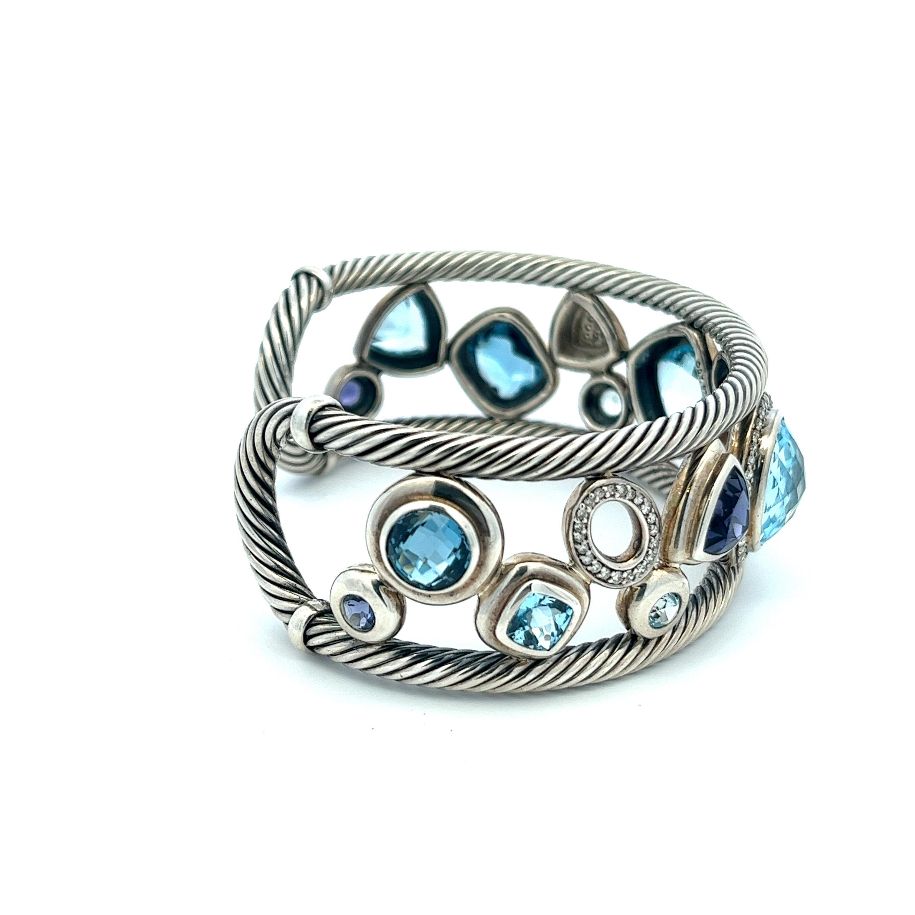 Modernist David Yurman Blue Oval Mosaic Cuff Bracelet in Sterling Silver 925 In Excellent Condition In Fairfield, CT