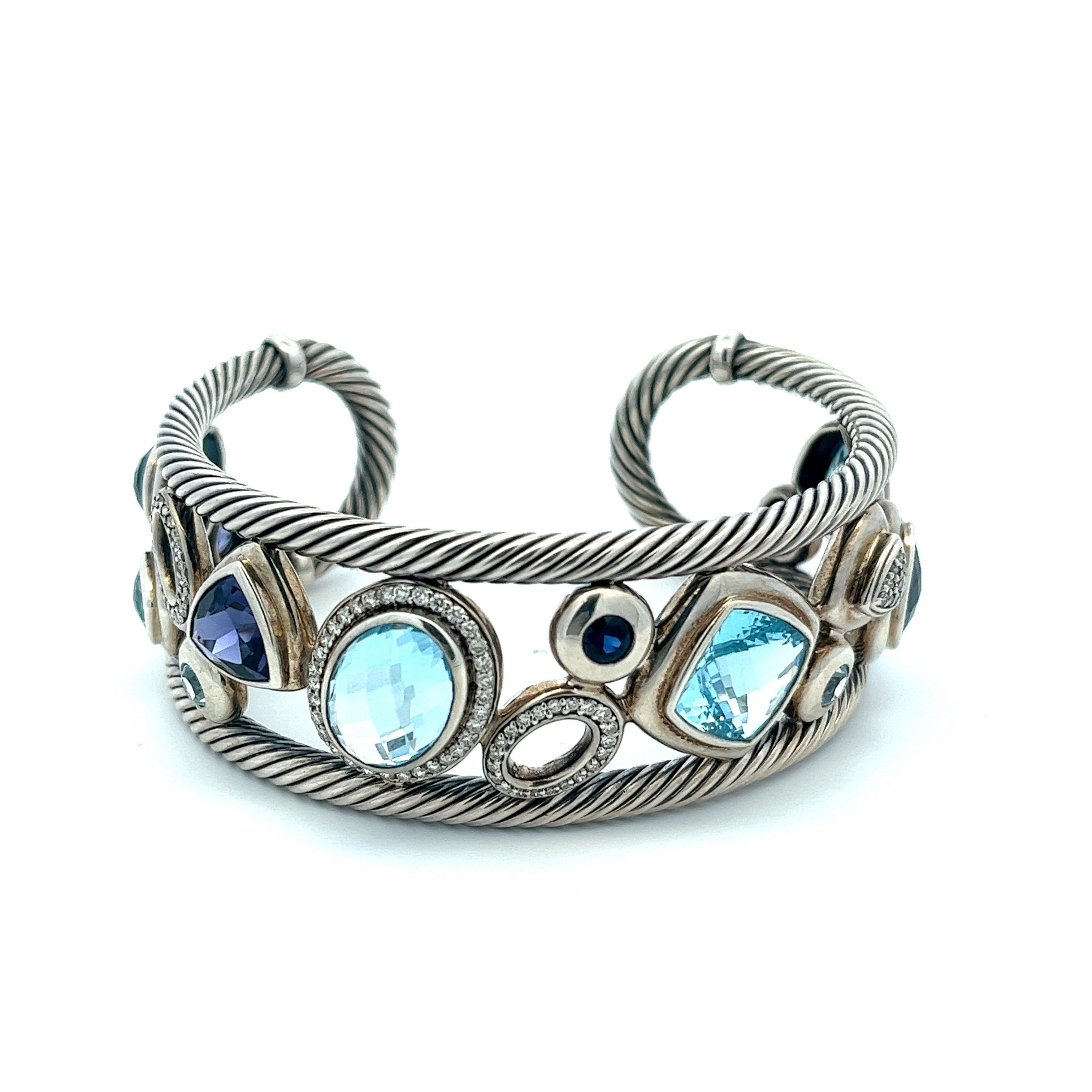 Women's or Men's Modernist David Yurman Blue Oval Mosaic Cuff Bracelet in Sterling Silver 925