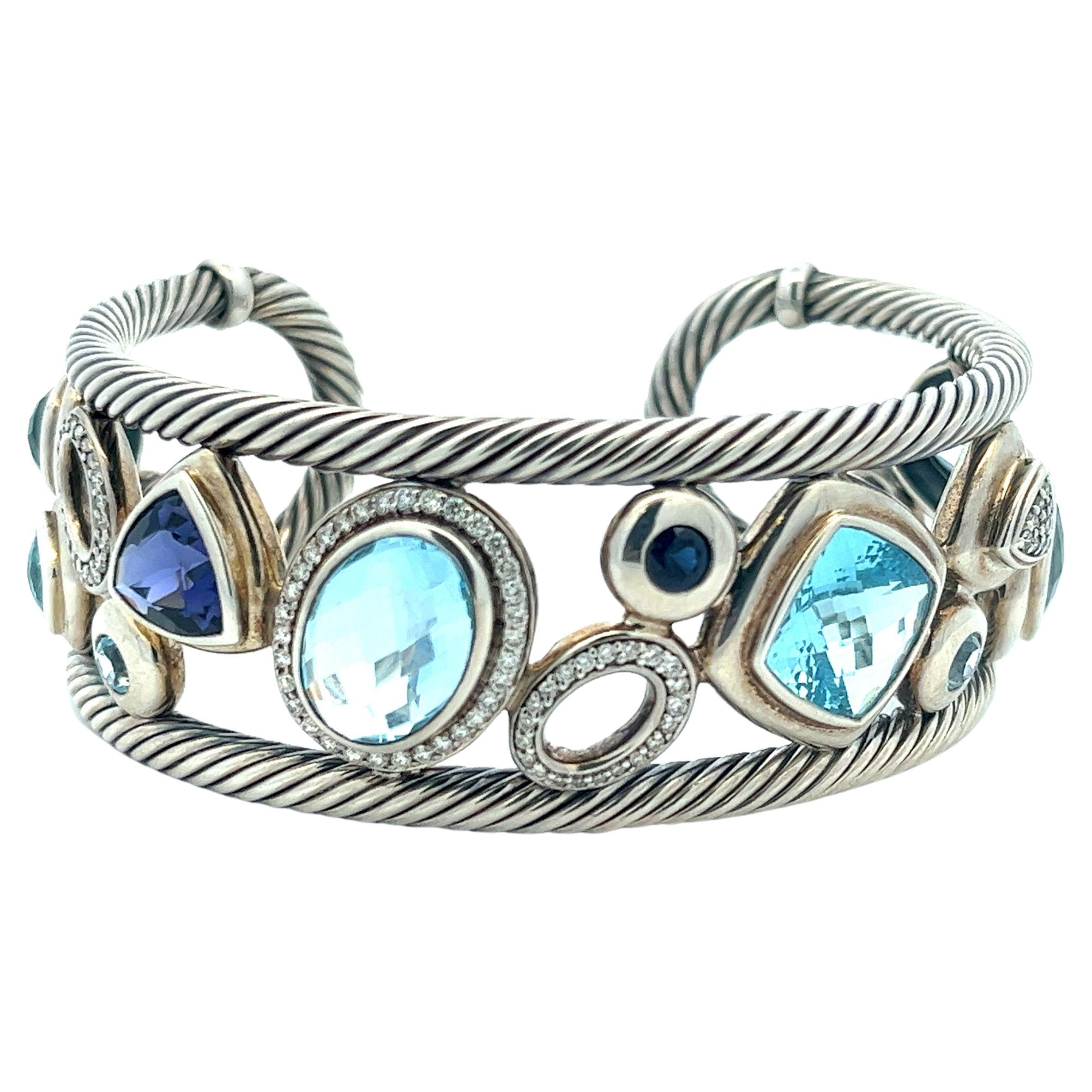 Modernist David Yurman Blue Oval Mosaic Cuff Bracelet in Sterling Silver 925