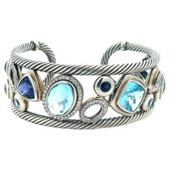 Modernist David Yurman Blau Oval Mosaik Manschette Armband in Sterling Silber 925