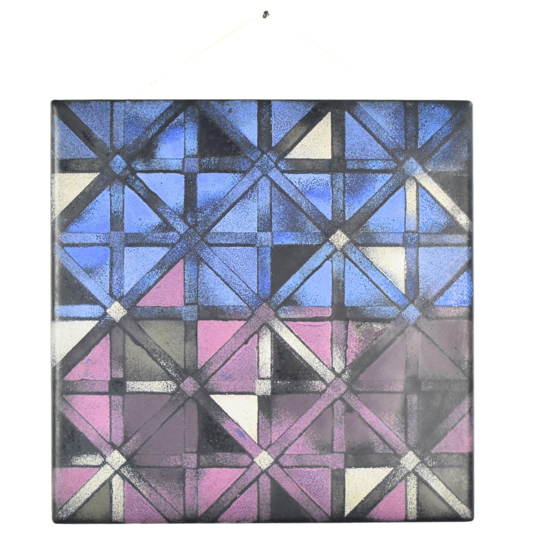 Striking modernist enameled wall panel with a geometric pattern in purple, blue, silver and black tones signed by C.P. Koch and dated 1966.