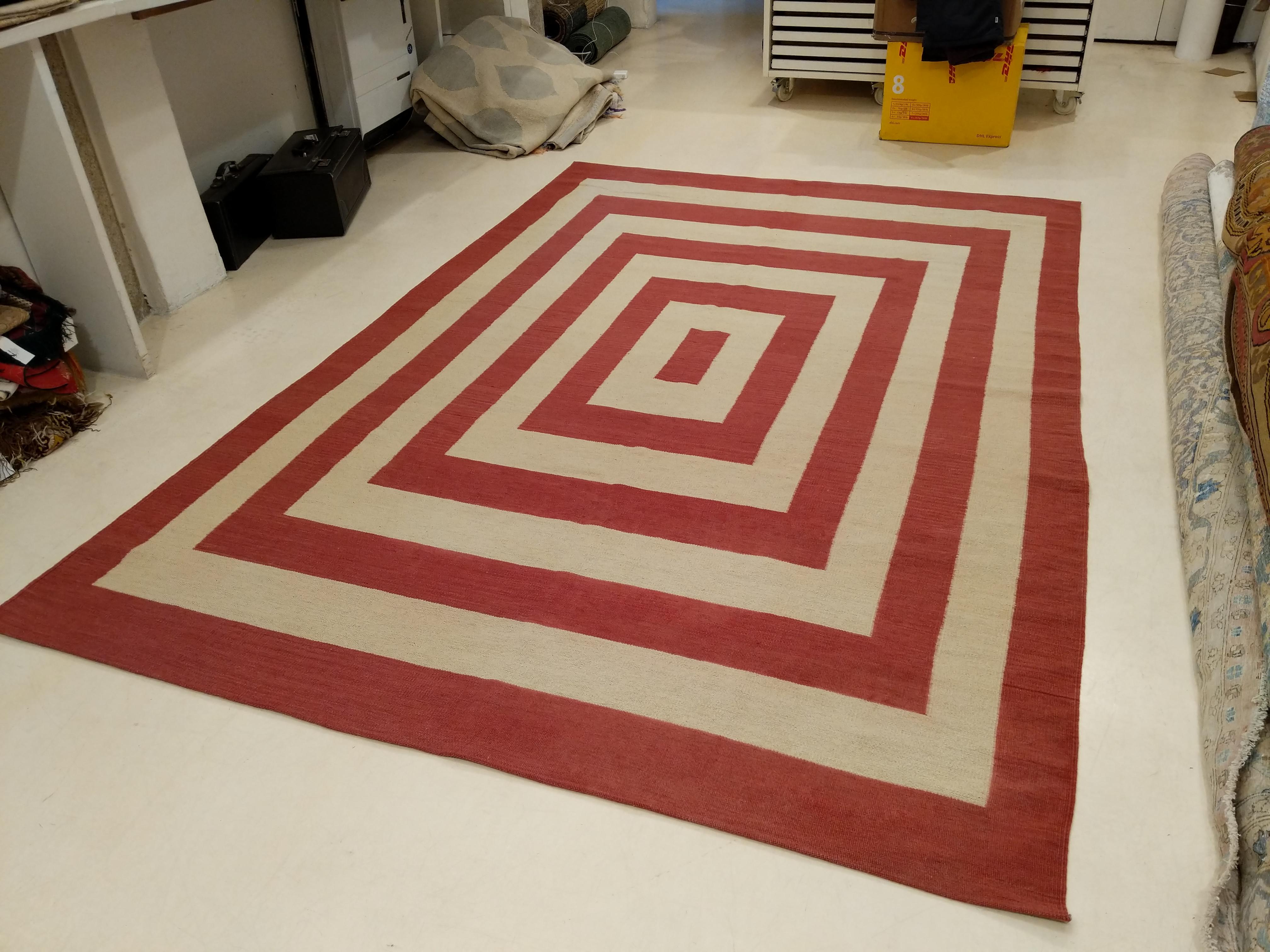 Wool Modernist Design Kilim Rug with Concentric Red Rectangles on an Ivory Background