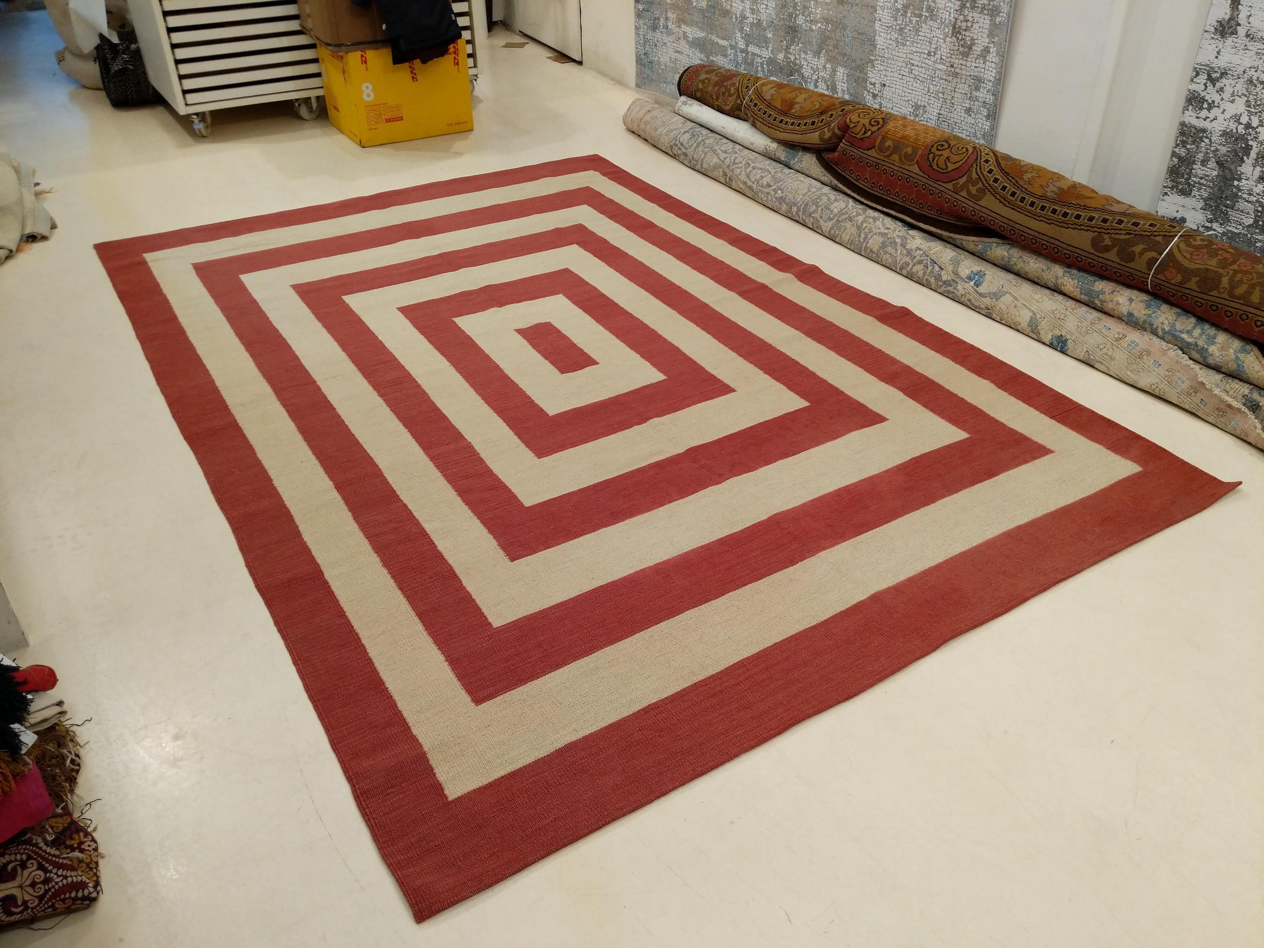Modernist Design Kilim Rug with Concentric Red Rectangles on an Ivory Background 1