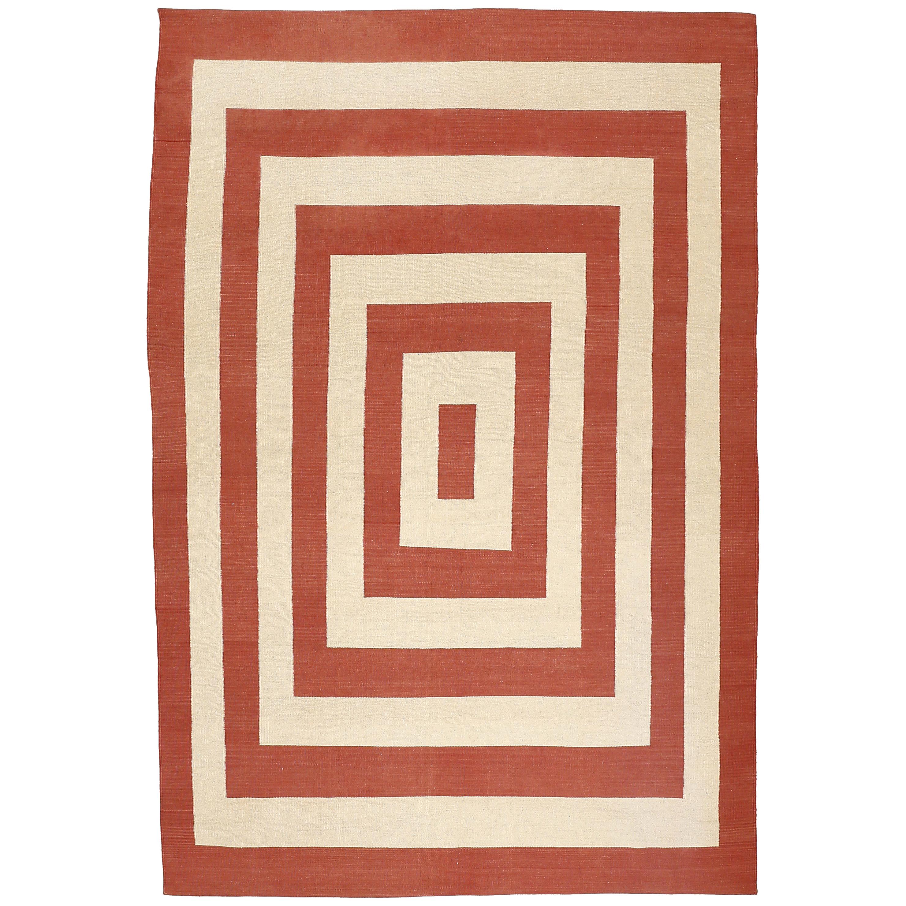 Modernist Design Kilim Rug with Concentric Red Rectangles on an Ivory Background