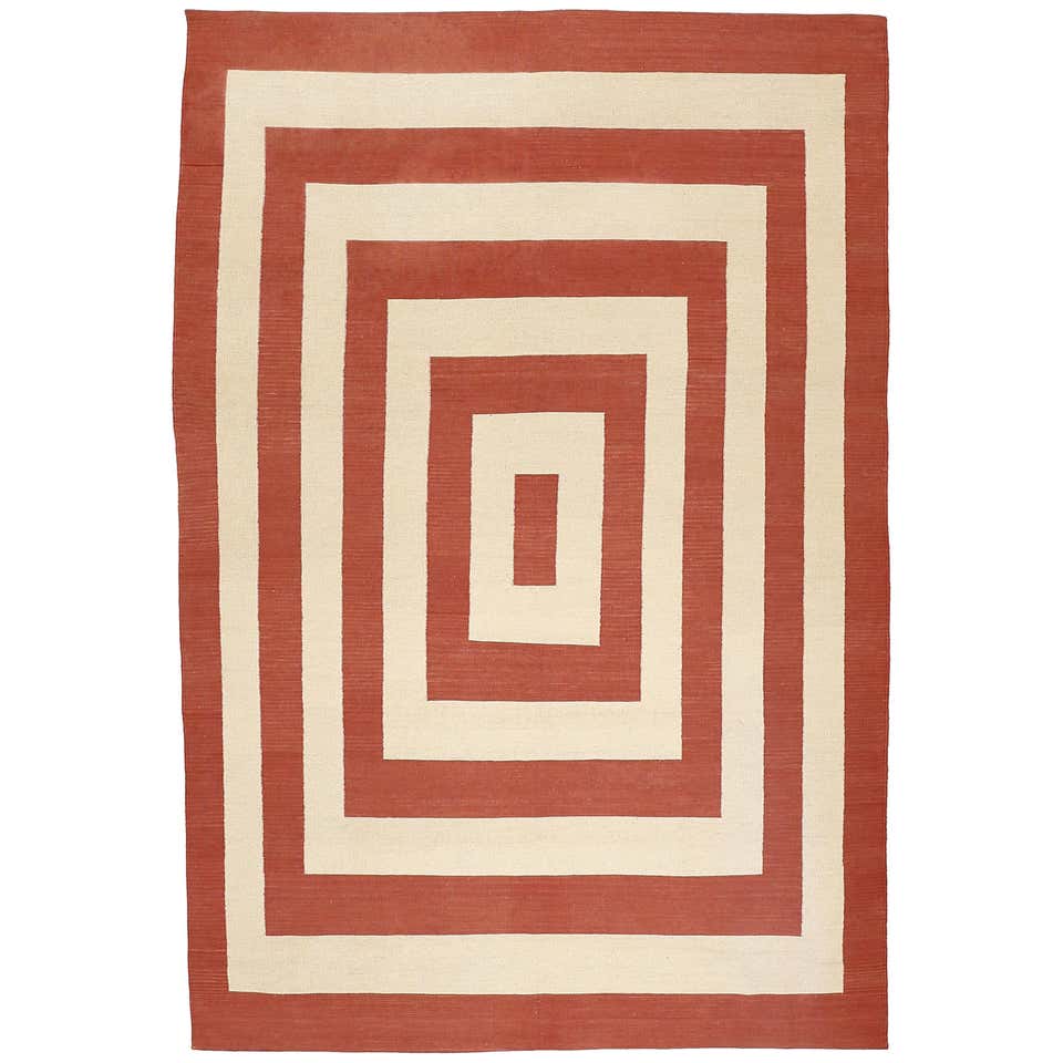 Modernist Design Kilim Rug with Concentric Red Rectangles on an Ivory ...